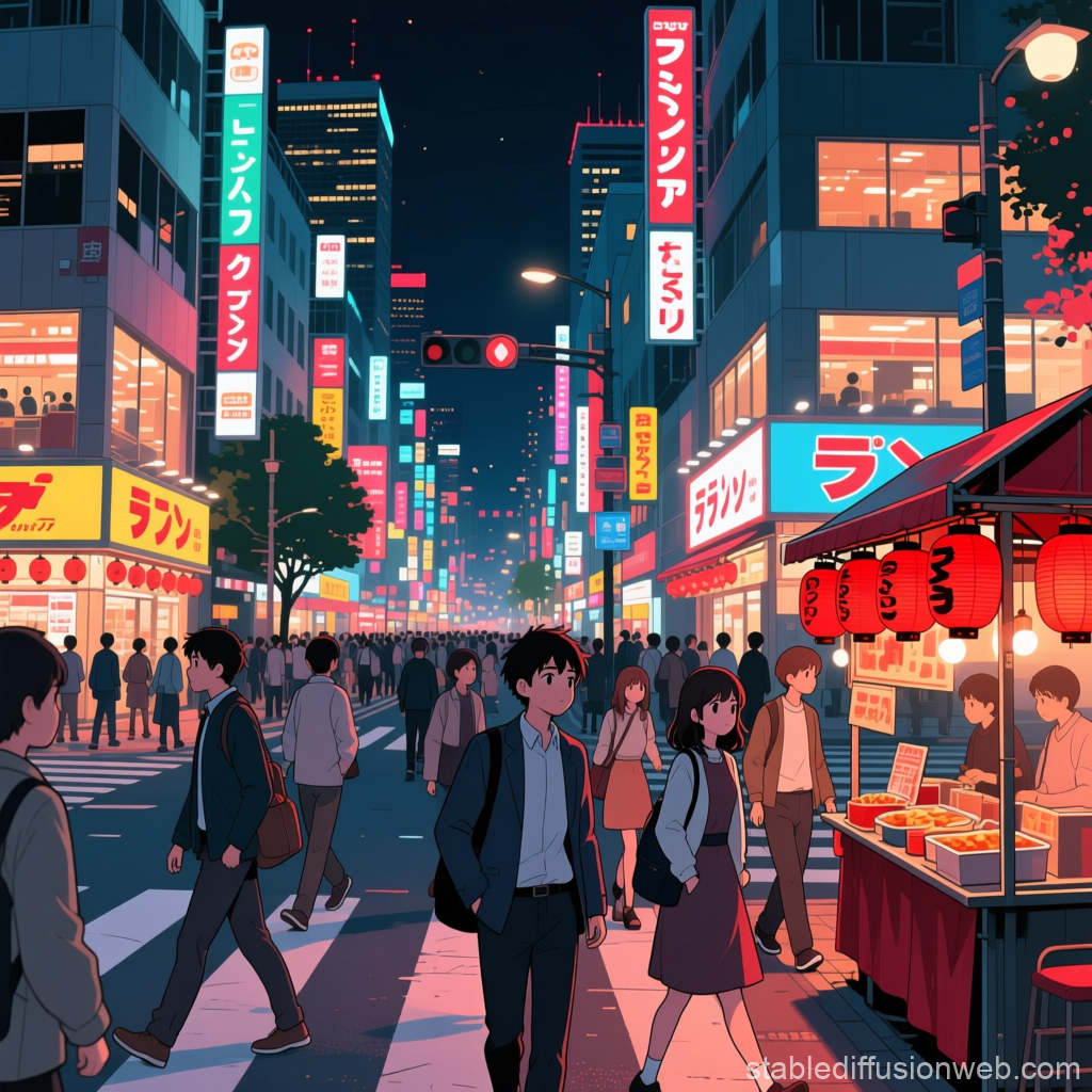 Bustling Anime City Street at Night