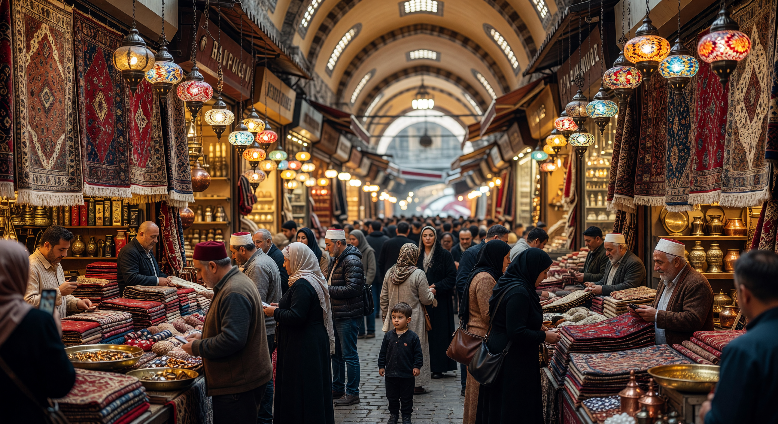 Bustling Grand Bazaar in Istanbul with Colorful Carpets and Lanterns