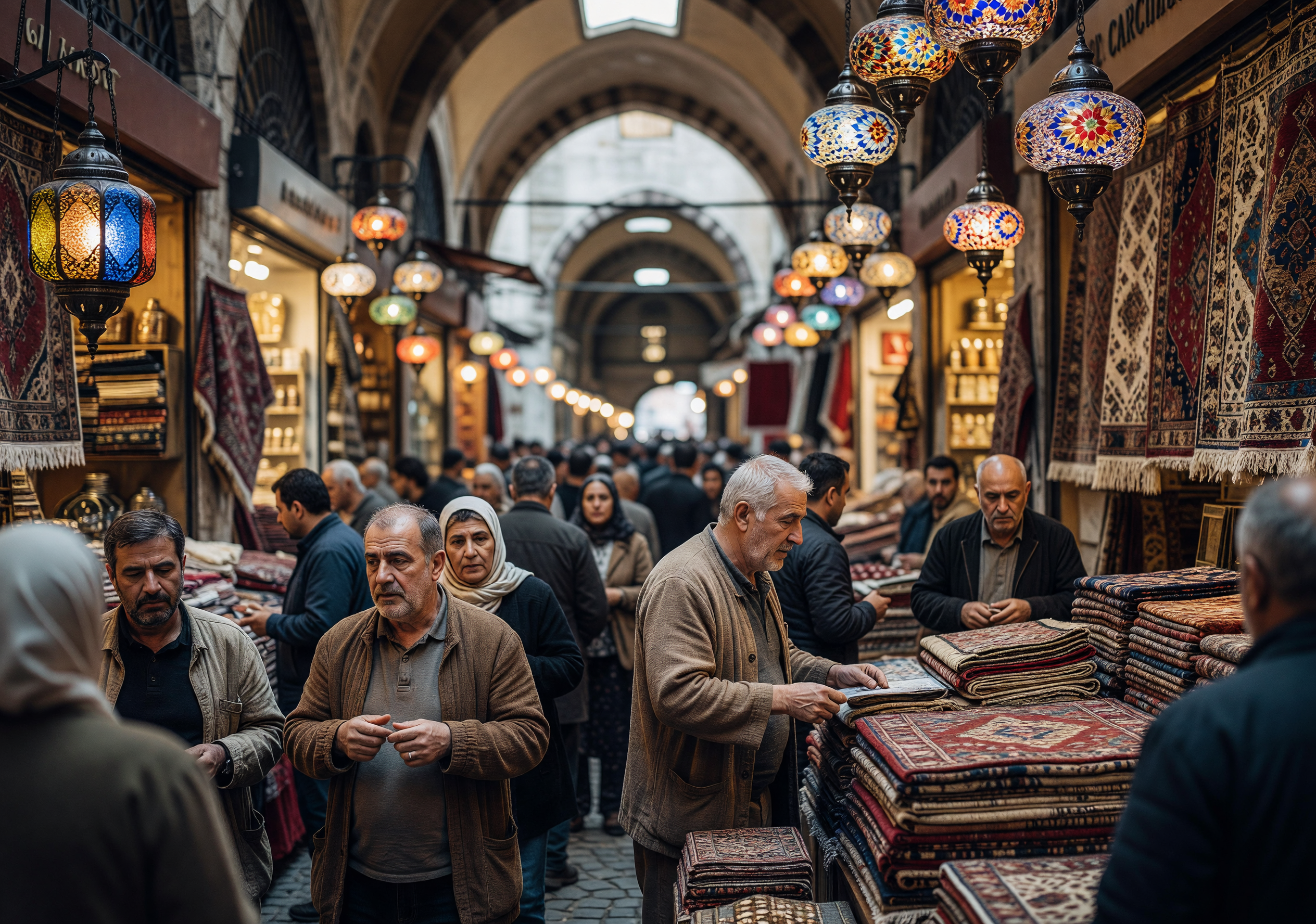 Bustling Grand Bazaar in Istanbul with Colorful Lanterns and Carpets