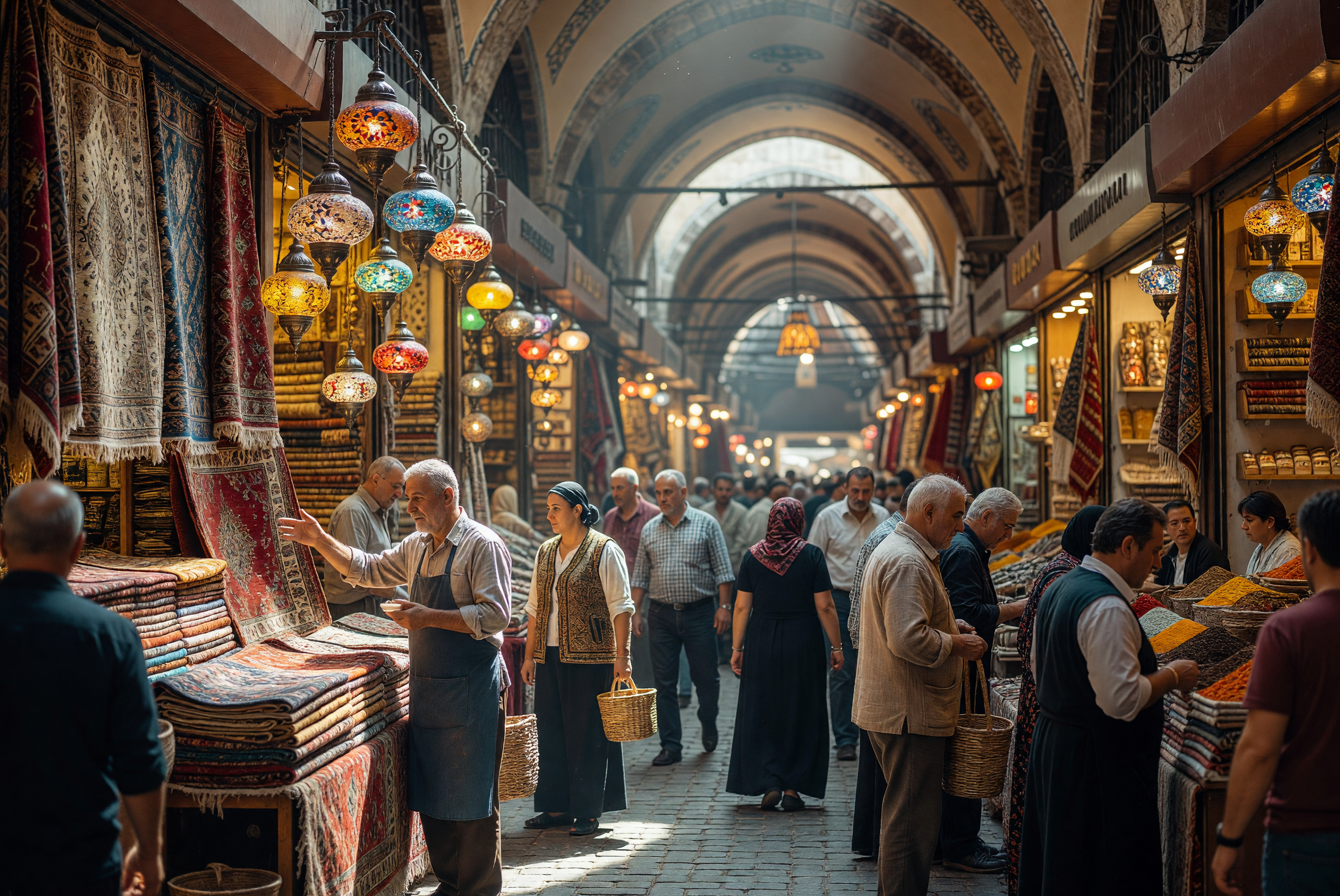 Bustling Grand Bazaar in Istanbul with Colorful Rugs and Lanterns