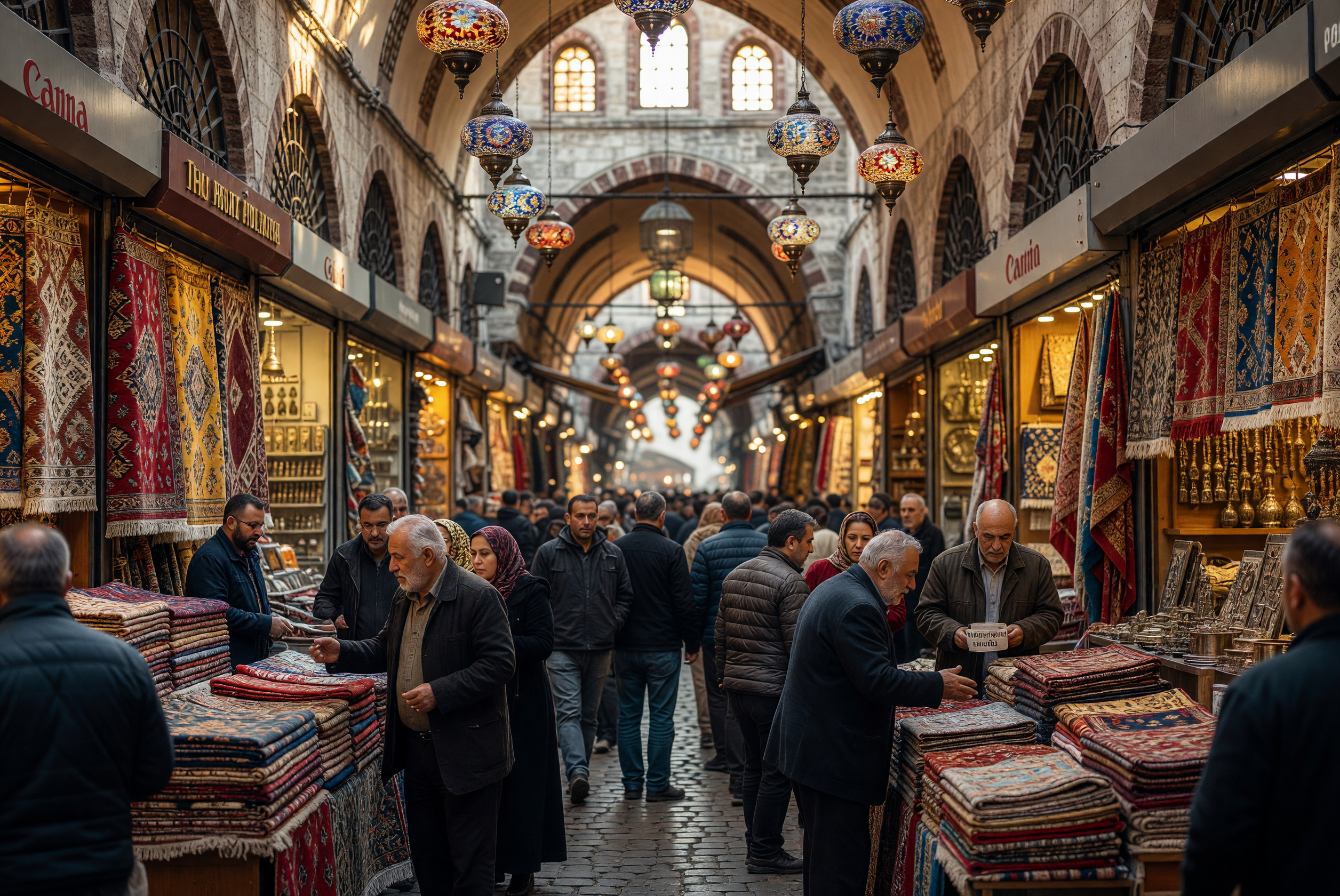Bustling Grand Bazaar in Istanbul with Colorful Rugs and Lanterns