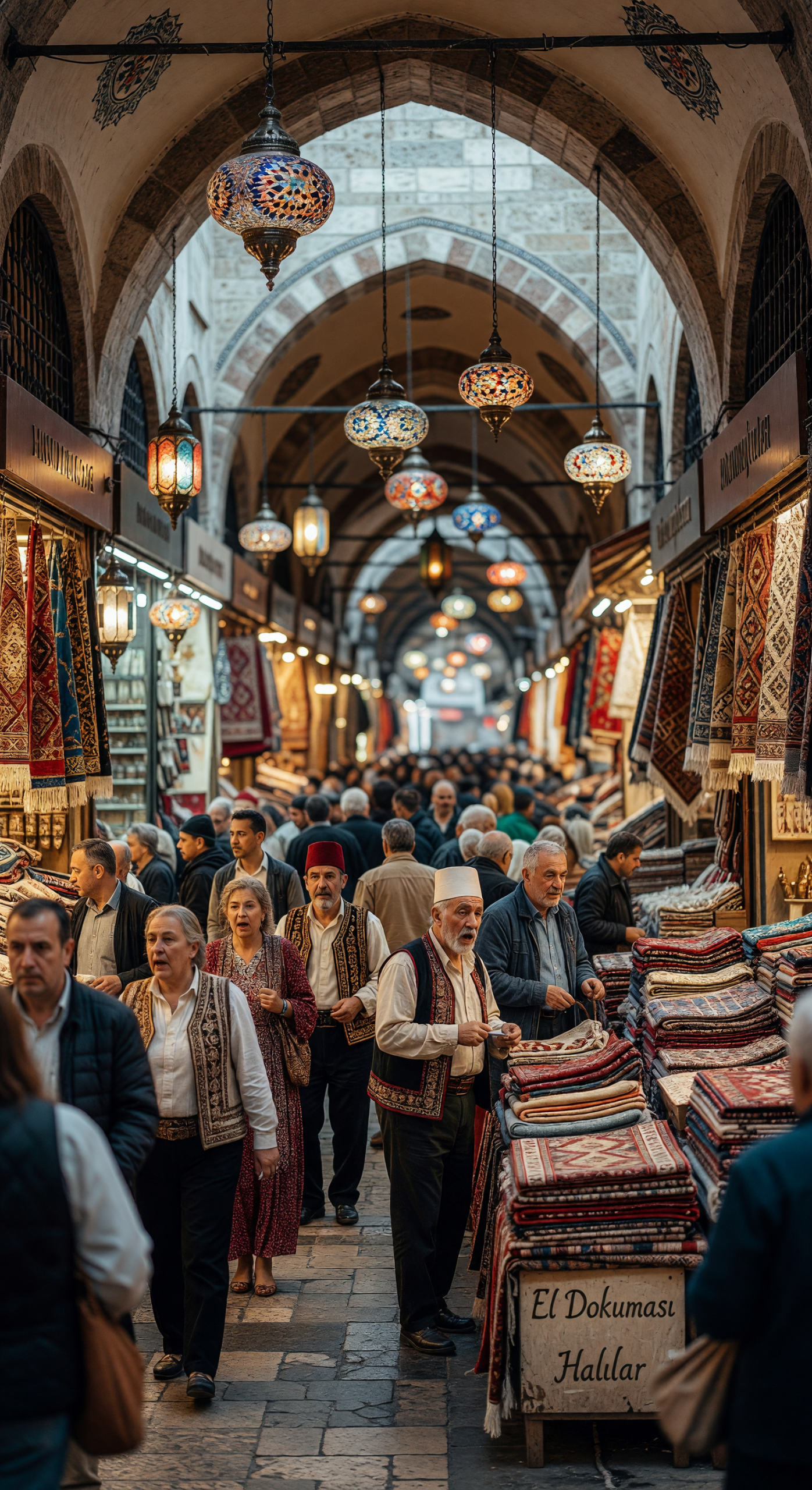 Bustling Grand Bazaar in Istanbul with Traditional Carpets and Lanterns