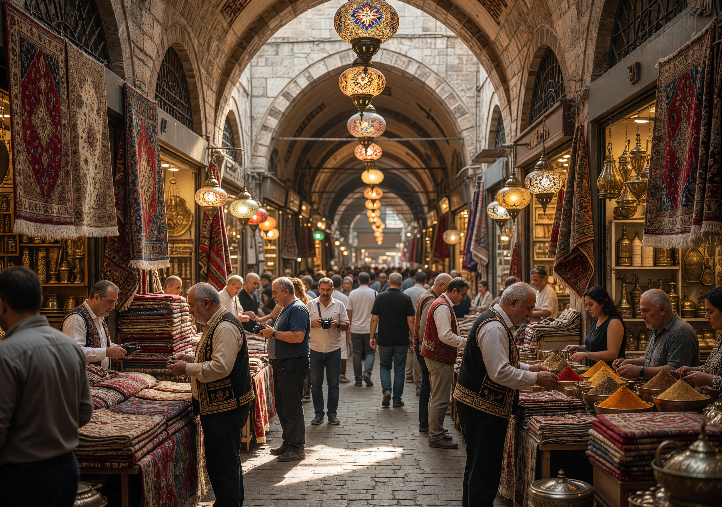 Bustling Grand Bazaar in Istanbul with Traditional Carpets and Spices