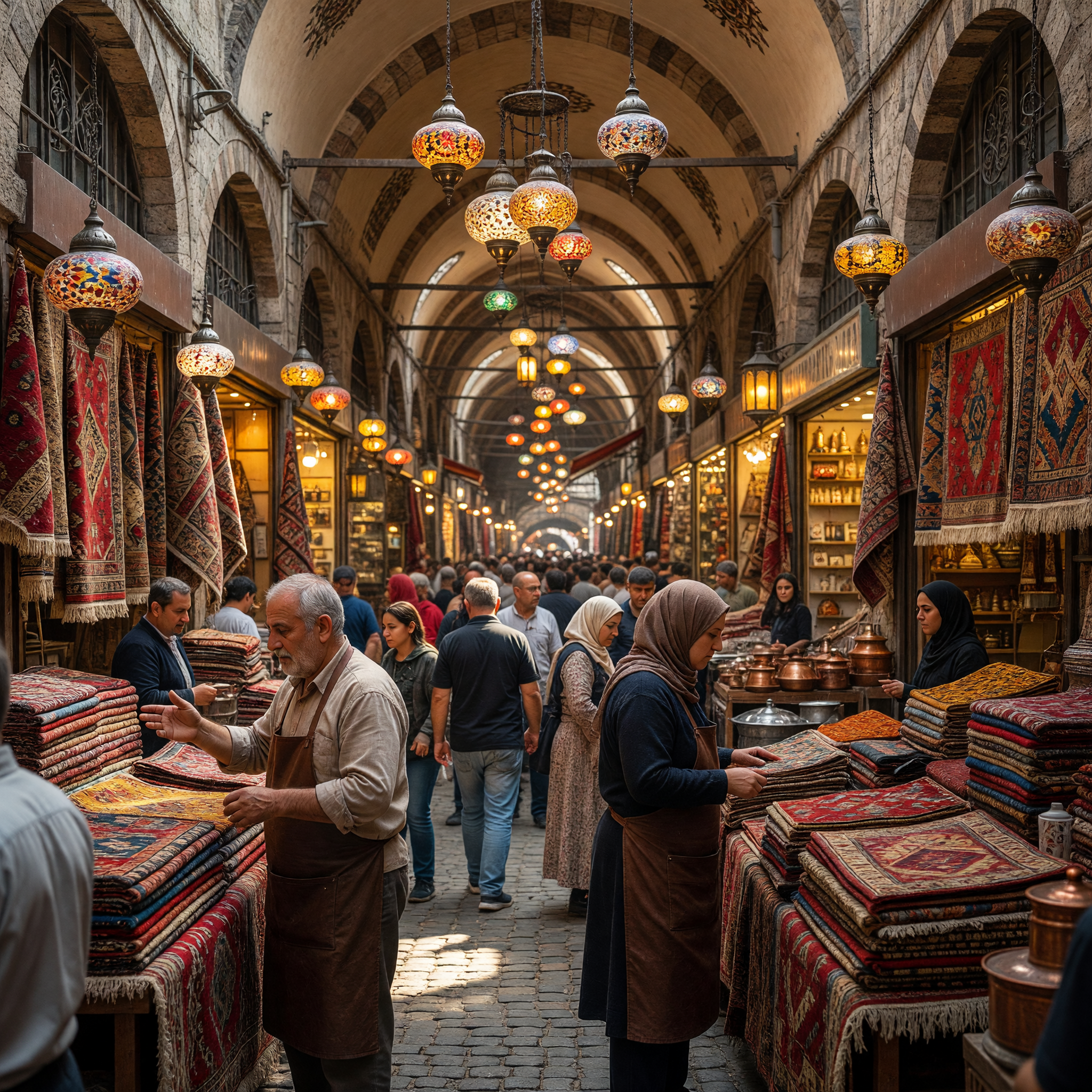 Bustling Grand Bazaar in Istanbul with Traditional Carpets