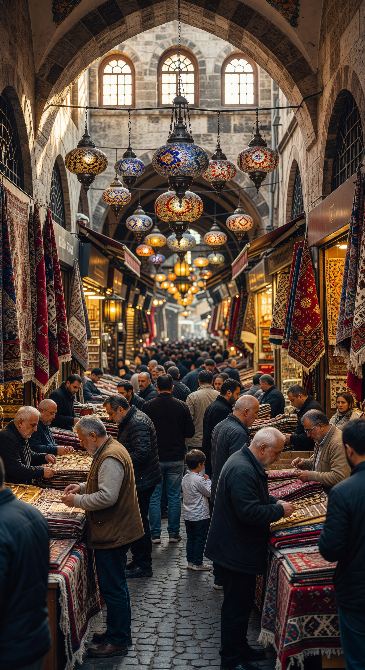 Bustling Grand Bazaar in Istanbul with Traditional Lamps and Carpets