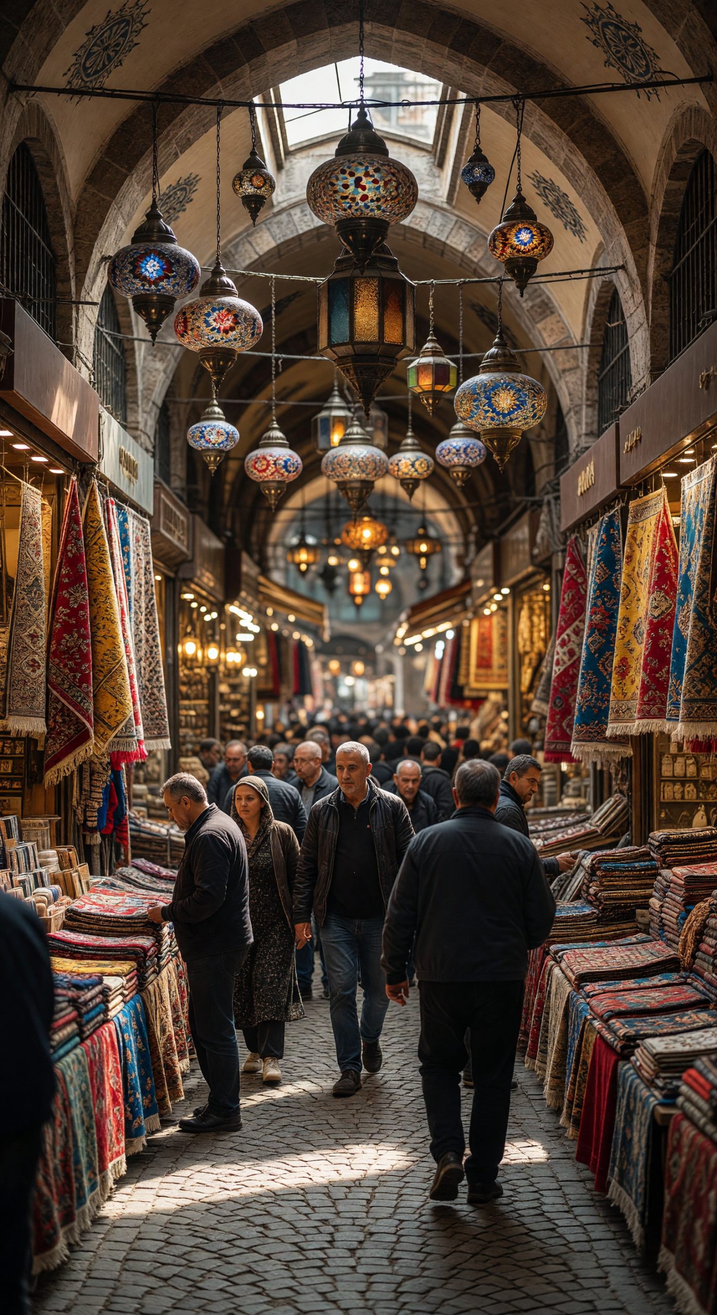 Bustling Grand Bazaar in Istanbul with Traditional Lamps and Carpets