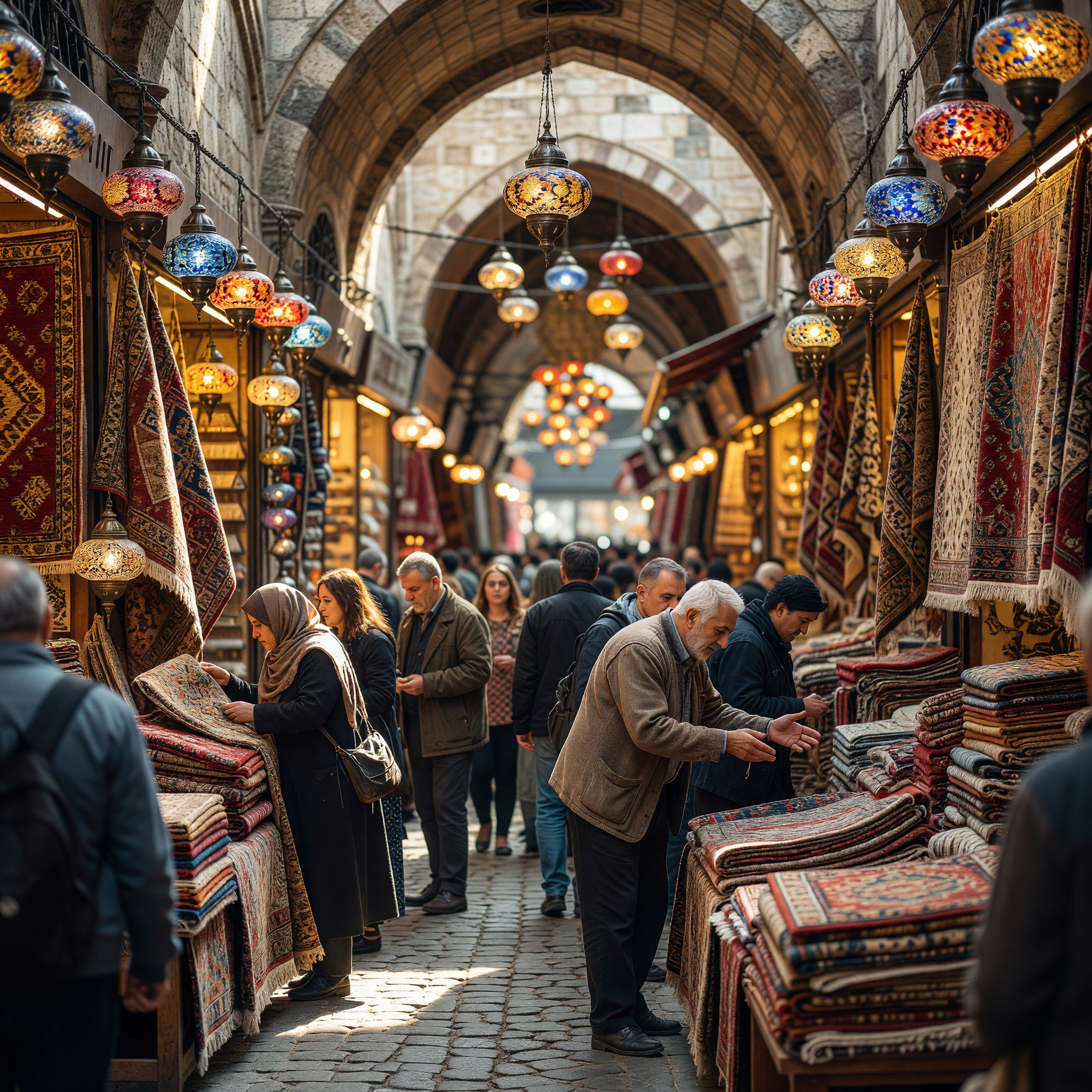 Bustling Grand Bazaar in Istanbul with Traditional Rugs and Lanterns