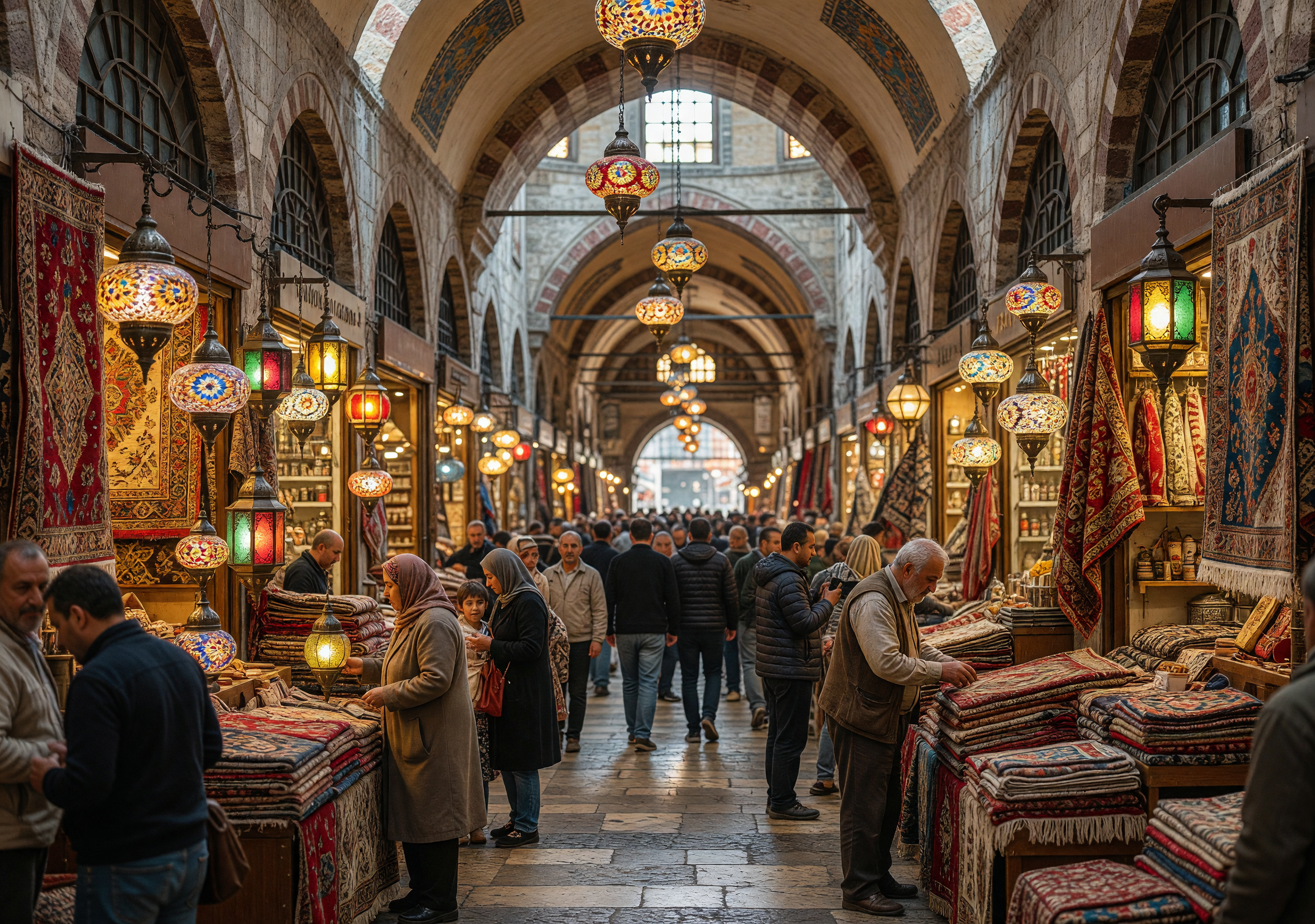 Bustling Grand Bazaar with Colorful Lanterns and Carpets