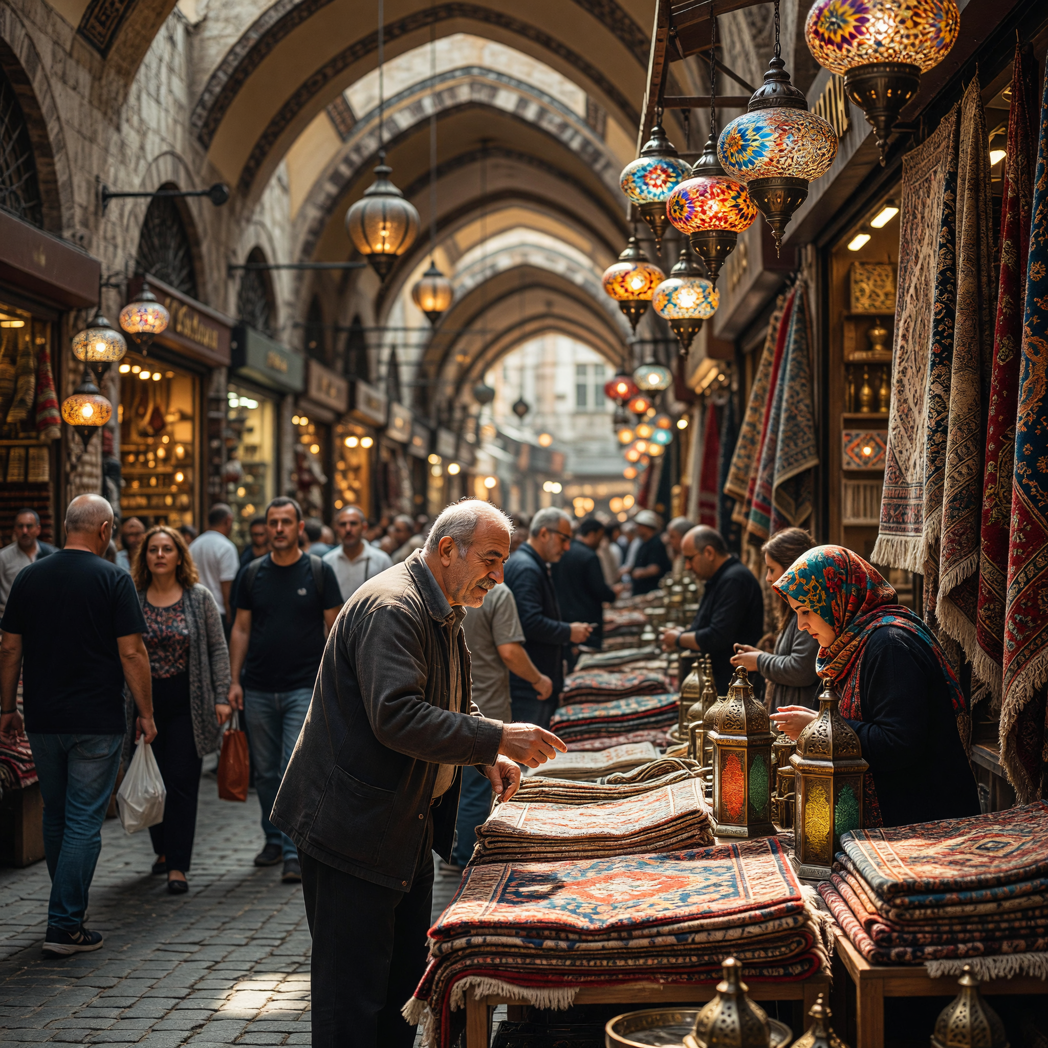 Bustling Grand Bazaar with Colorful Lanterns and Carpets