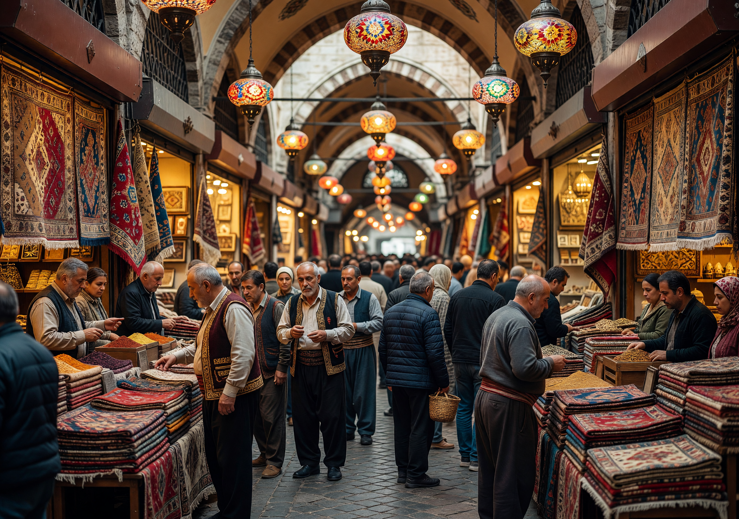 Bustling Grand Bazaar with Colorful Lanterns and Carpets