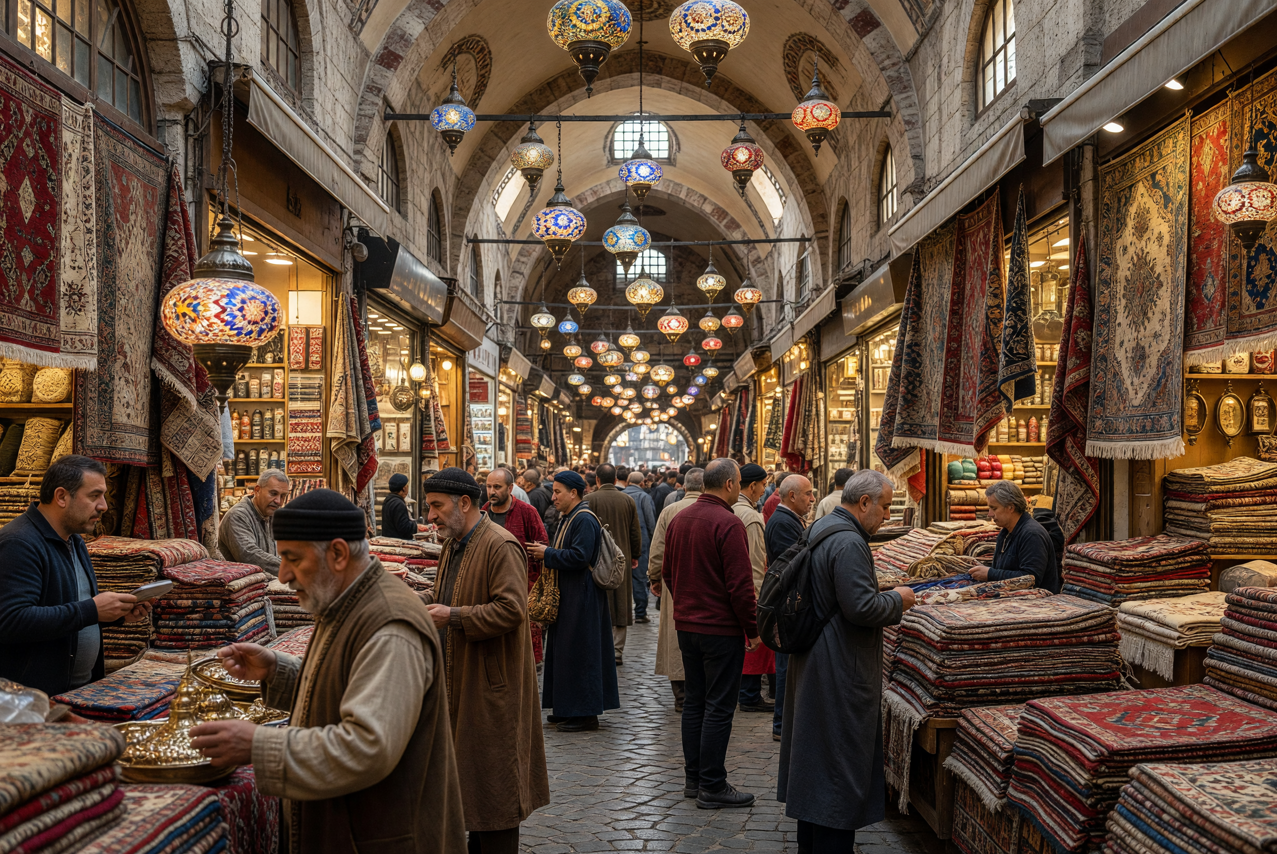 Bustling Grand Bazaar with Colorful Lanterns and Carpets