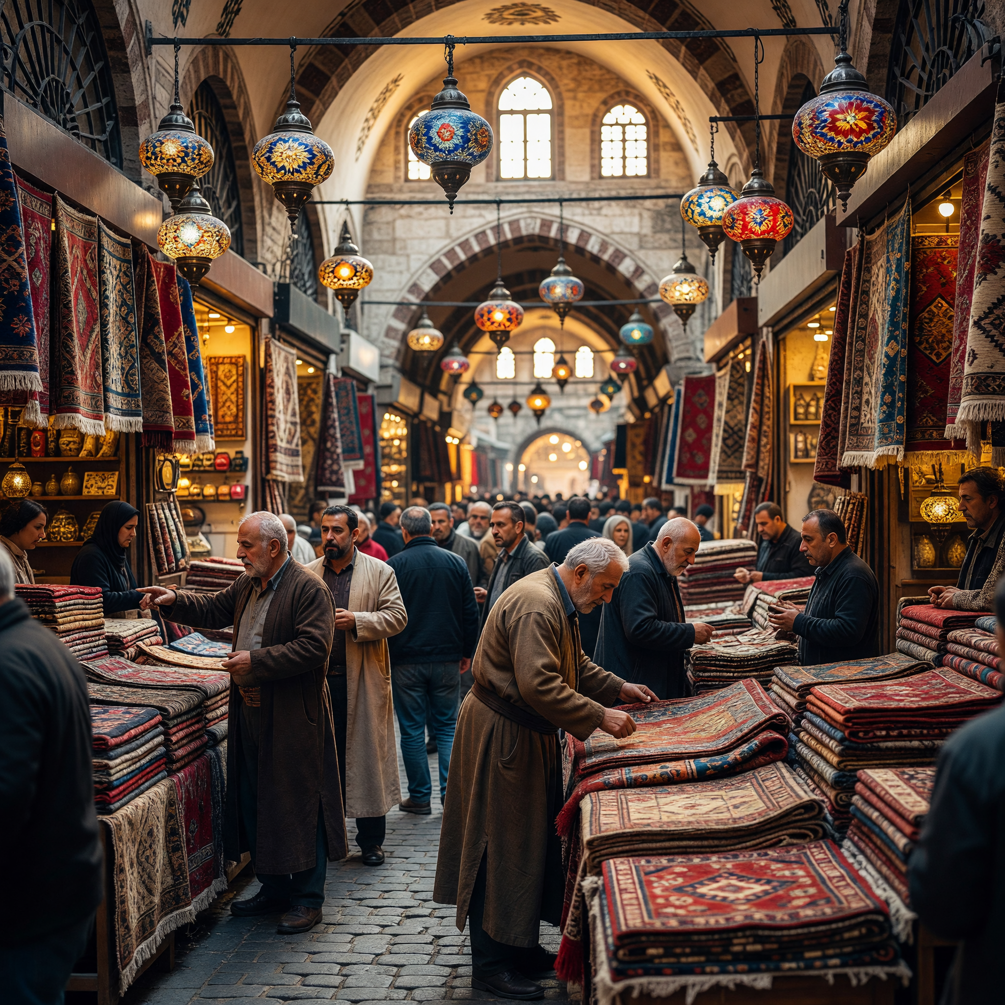 Bustling Grand Bazaar with Colorful Lanterns and Carpets