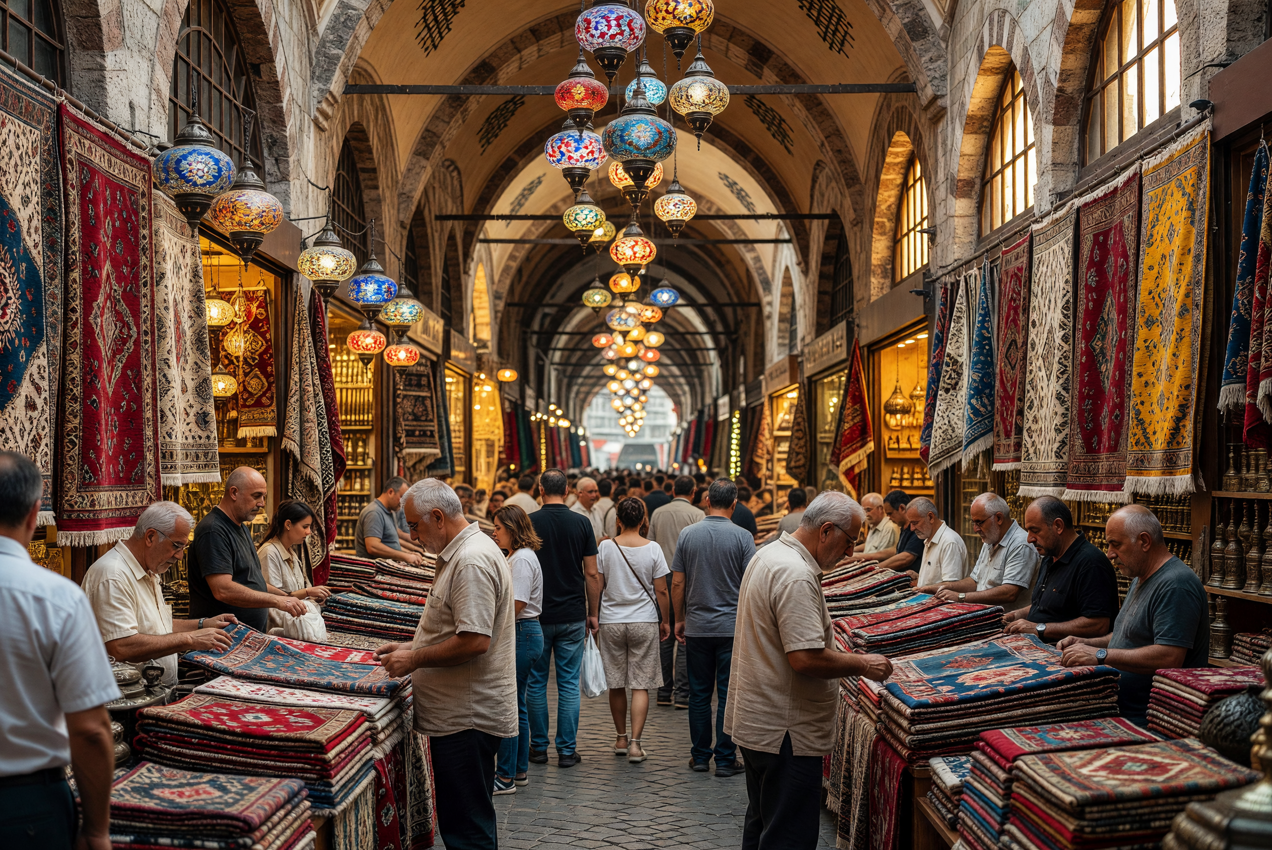 Bustling Grand Bazaar with Colorful Lanterns and Carpets