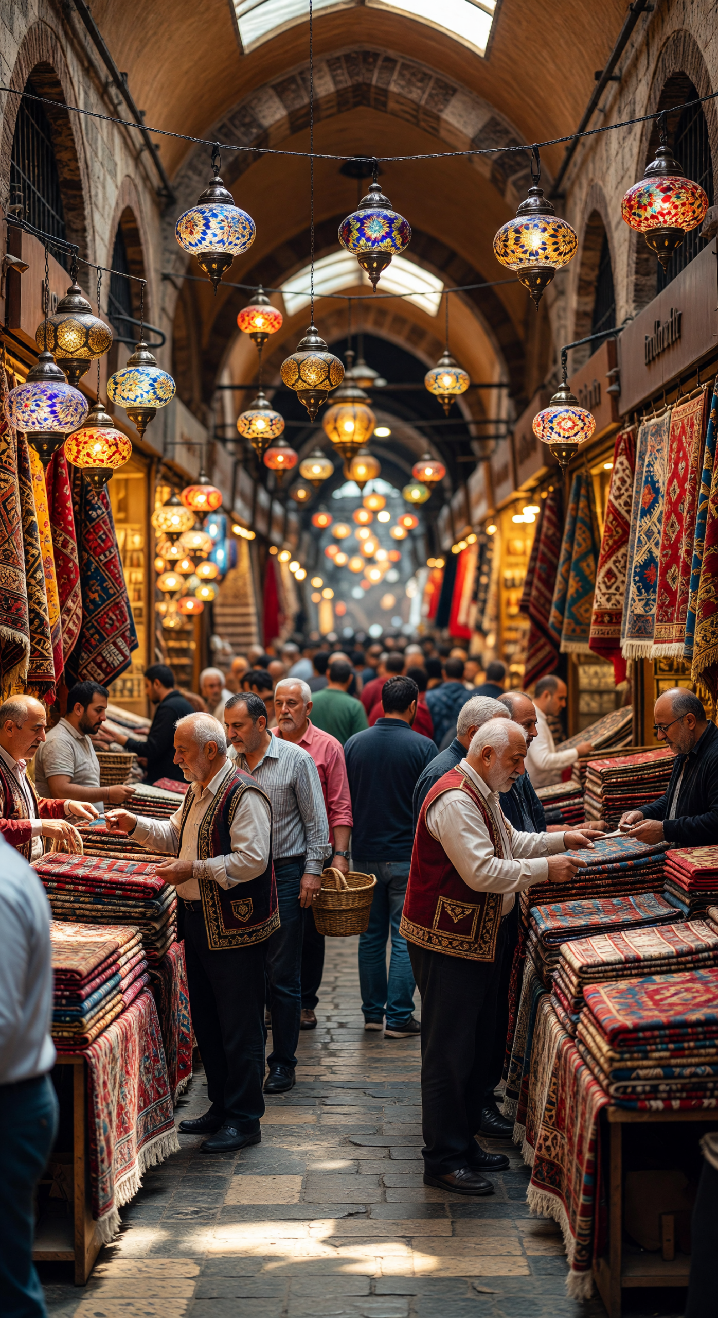 Bustling Grand Bazaar with Colorful Lanterns and Carpets