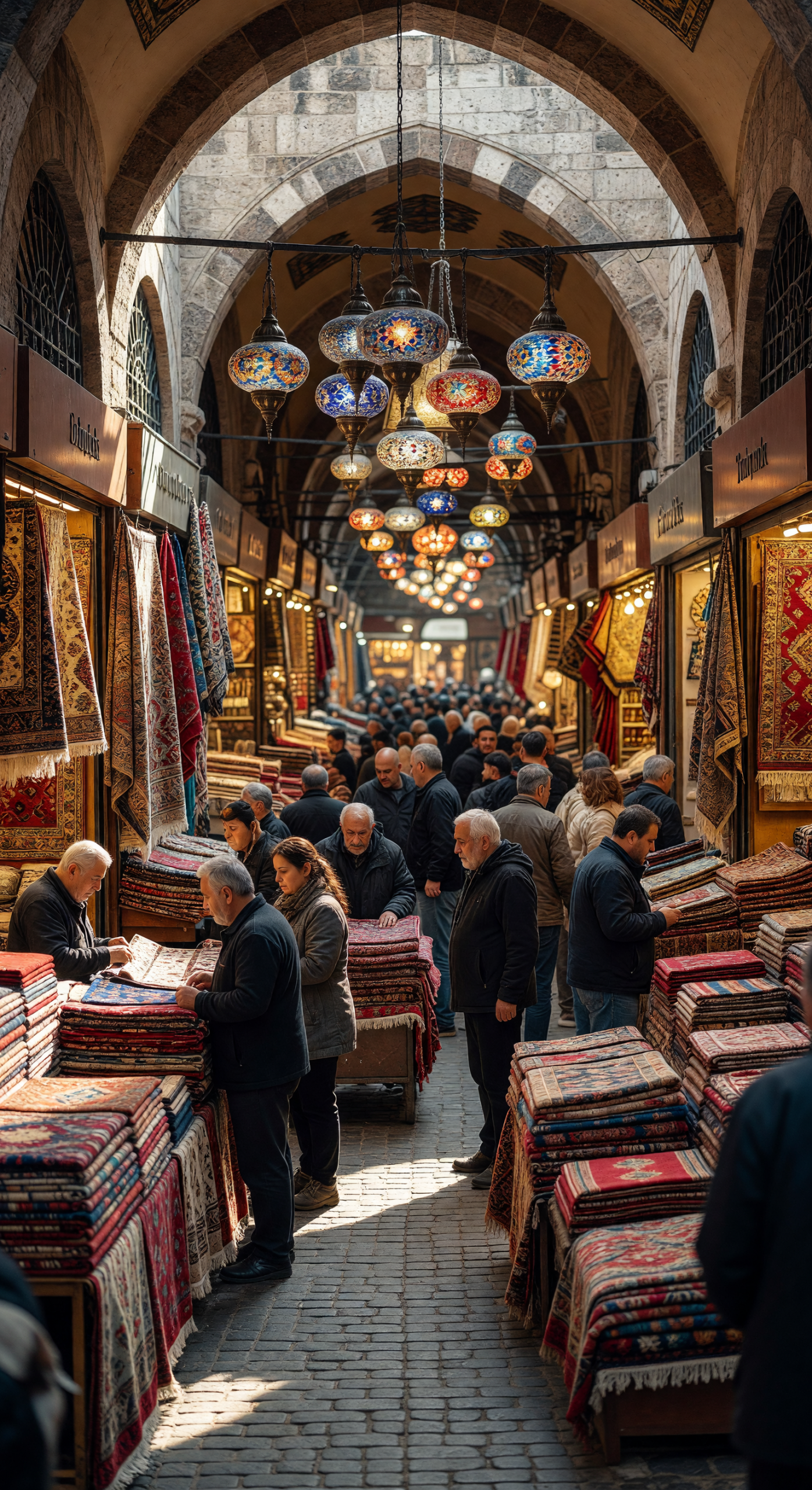 Bustling Grand Bazaar with Colorful Lanterns and Carpets