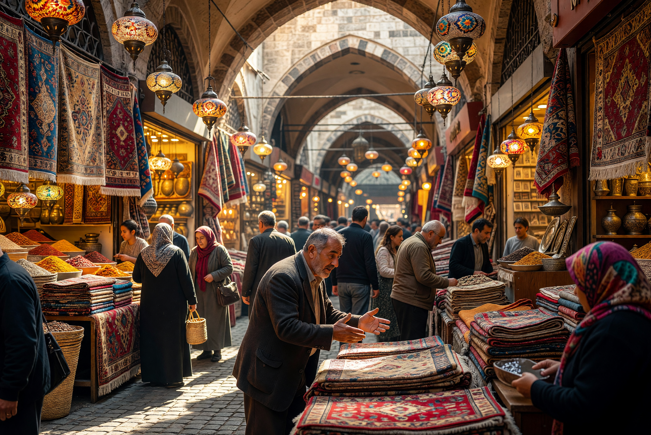 Bustling Grand Bazaar with Colorful Lanterns and Carpets