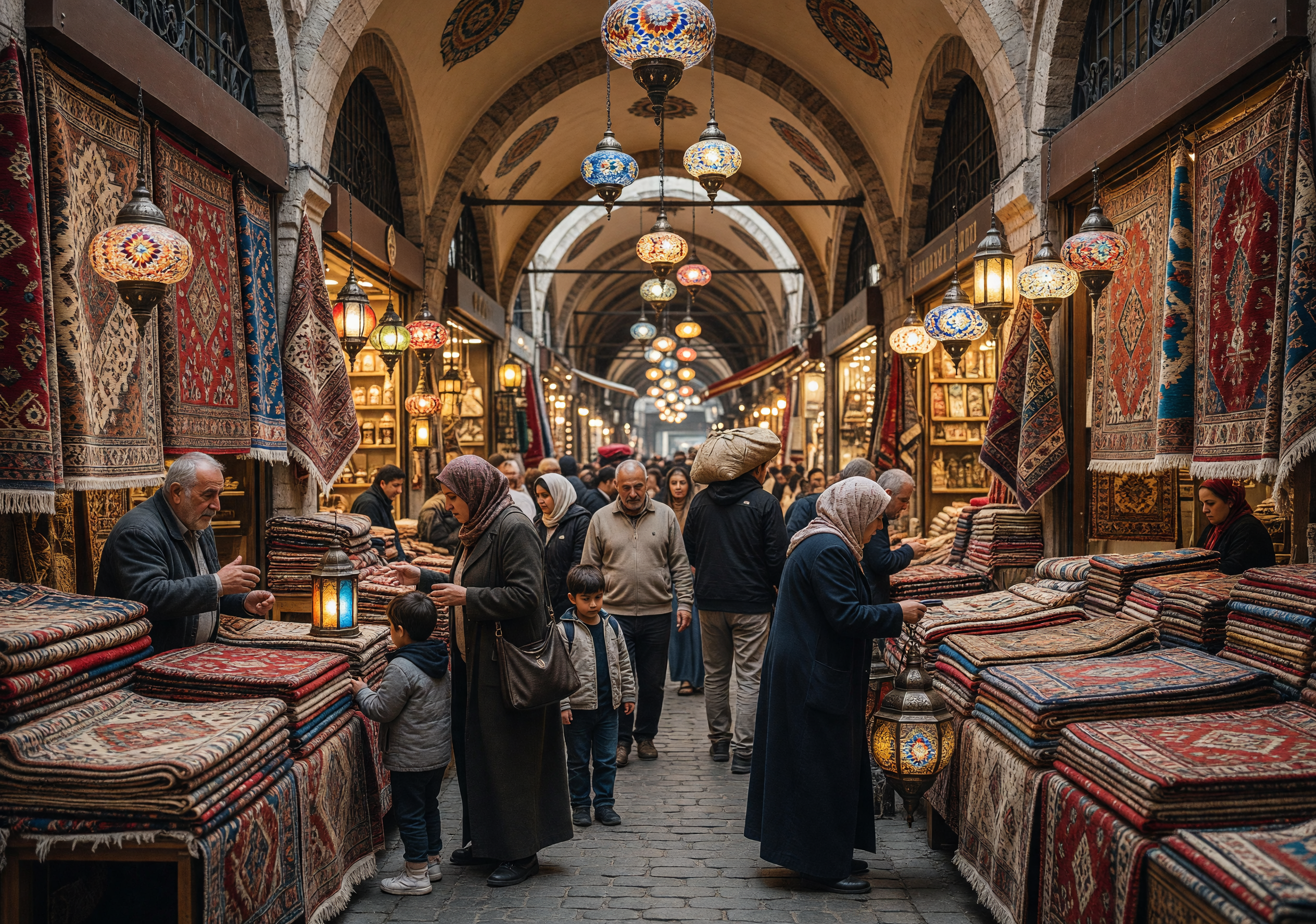 Bustling Grand Bazaar with Colorful Lanterns and Carpets