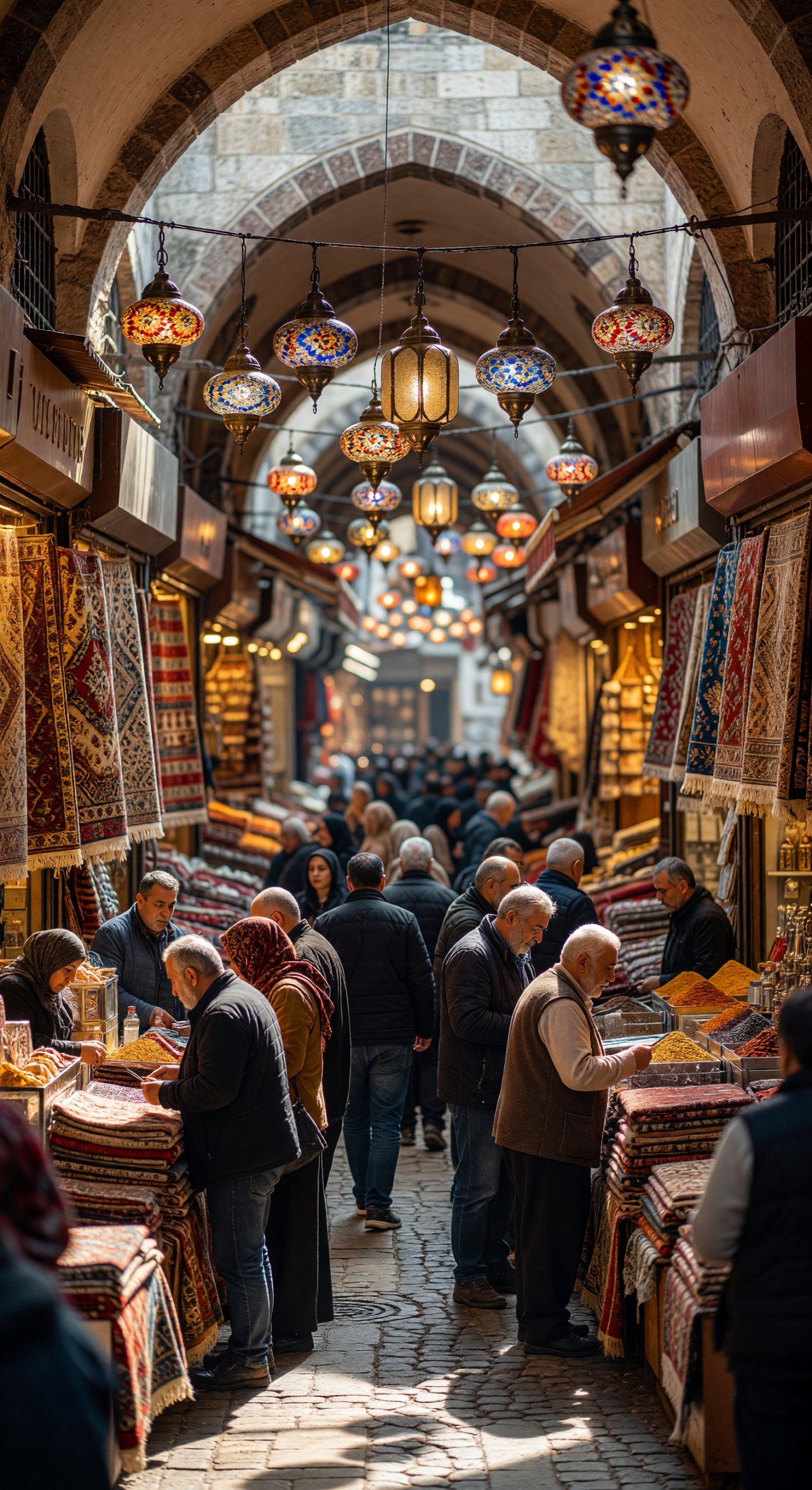 Bustling Grand Bazaar with Colorful Lanterns and Carpets