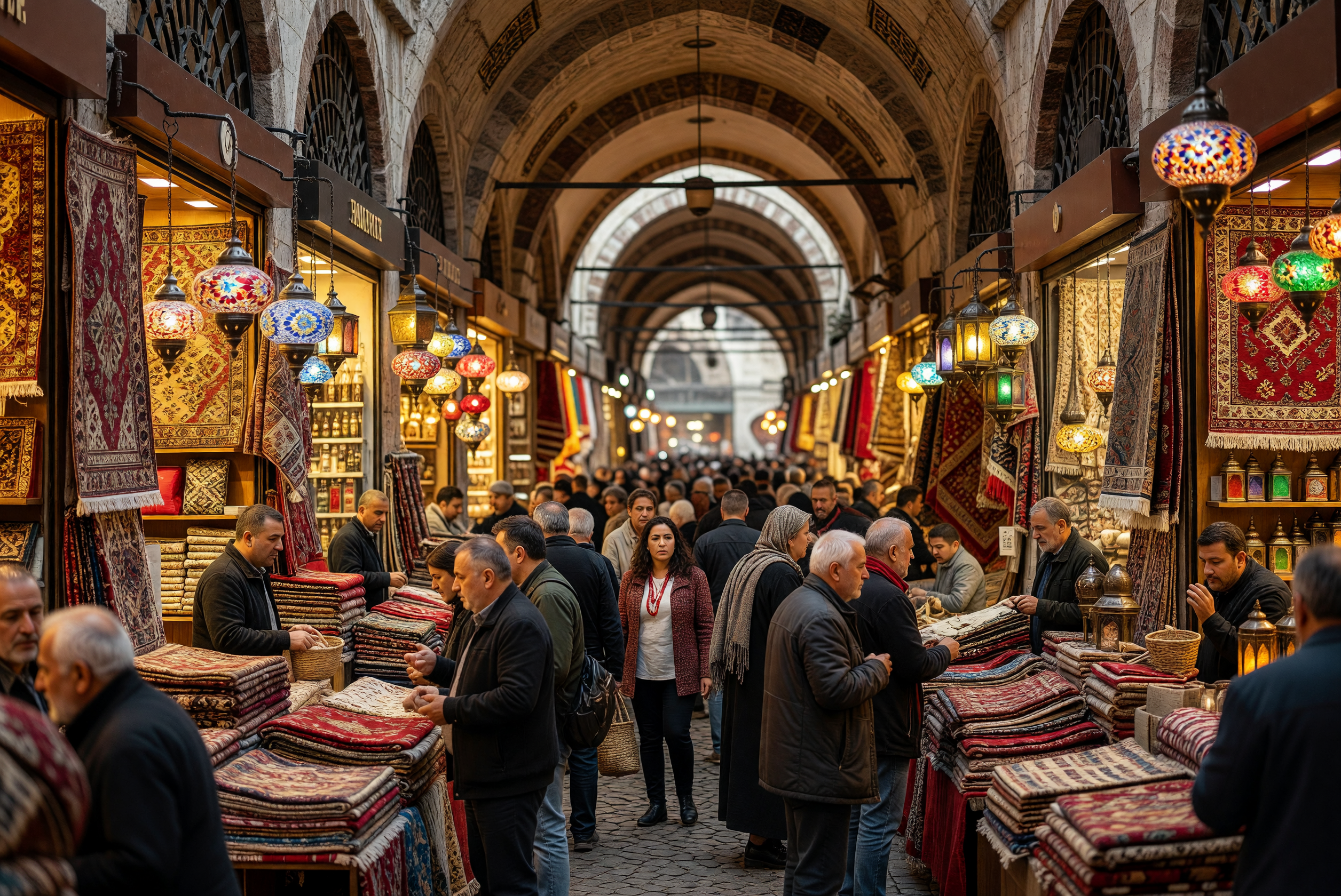 Bustling Grand Bazaar with Colorful Lanterns and Carpets