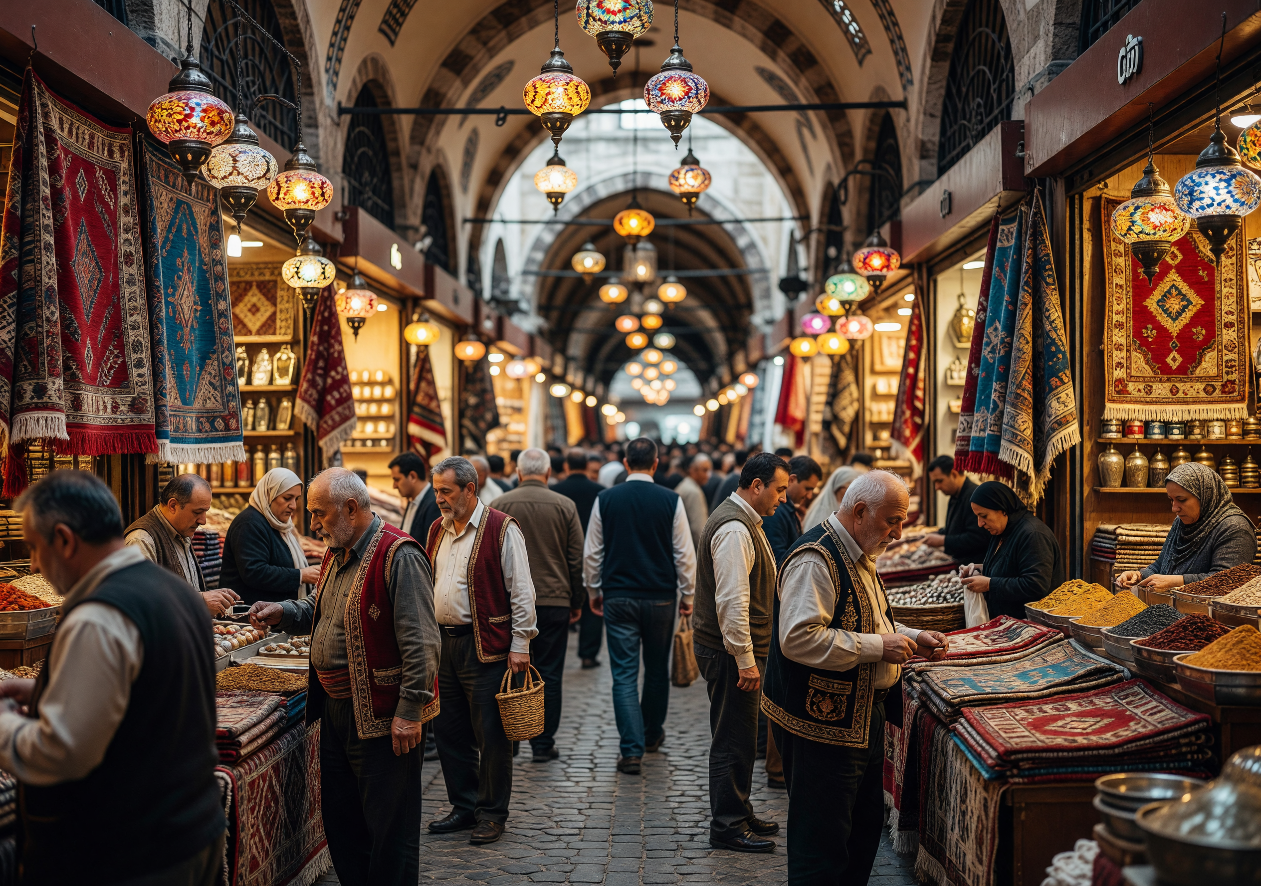 Bustling Grand Bazaar with Colorful Lanterns and Carpets