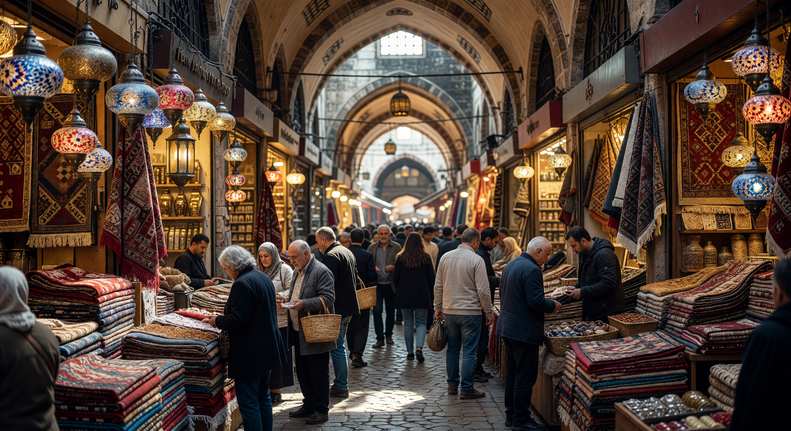 Bustling Grand Bazaar with Colorful Lanterns and Carpets