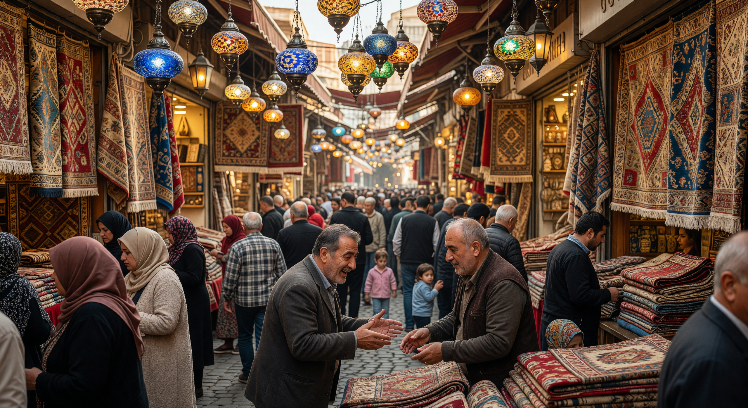 Bustling Grand Bazaar with Colorful Lanterns and Carpets