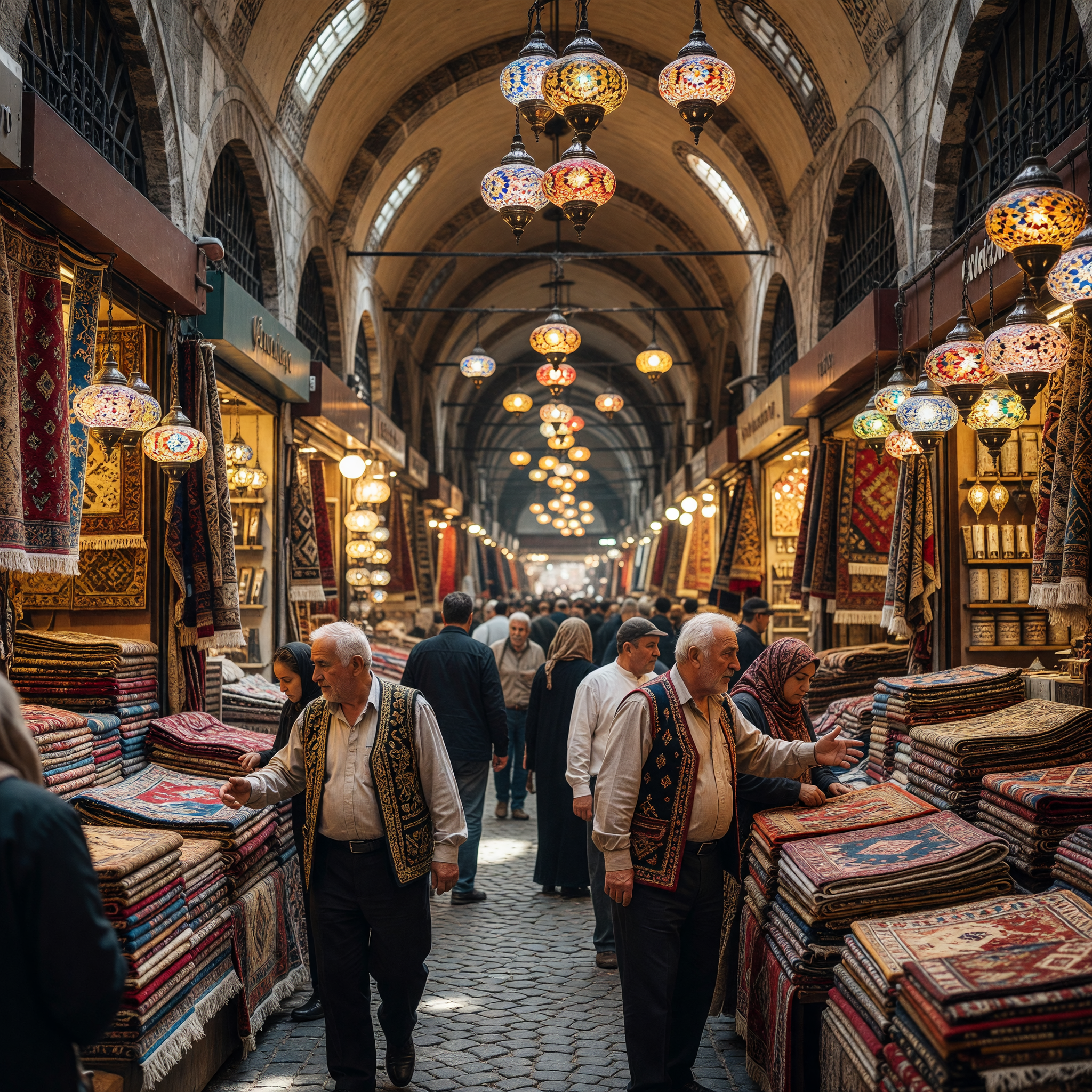 Bustling Grand Bazaar with Colorful Lanterns and Carpets
