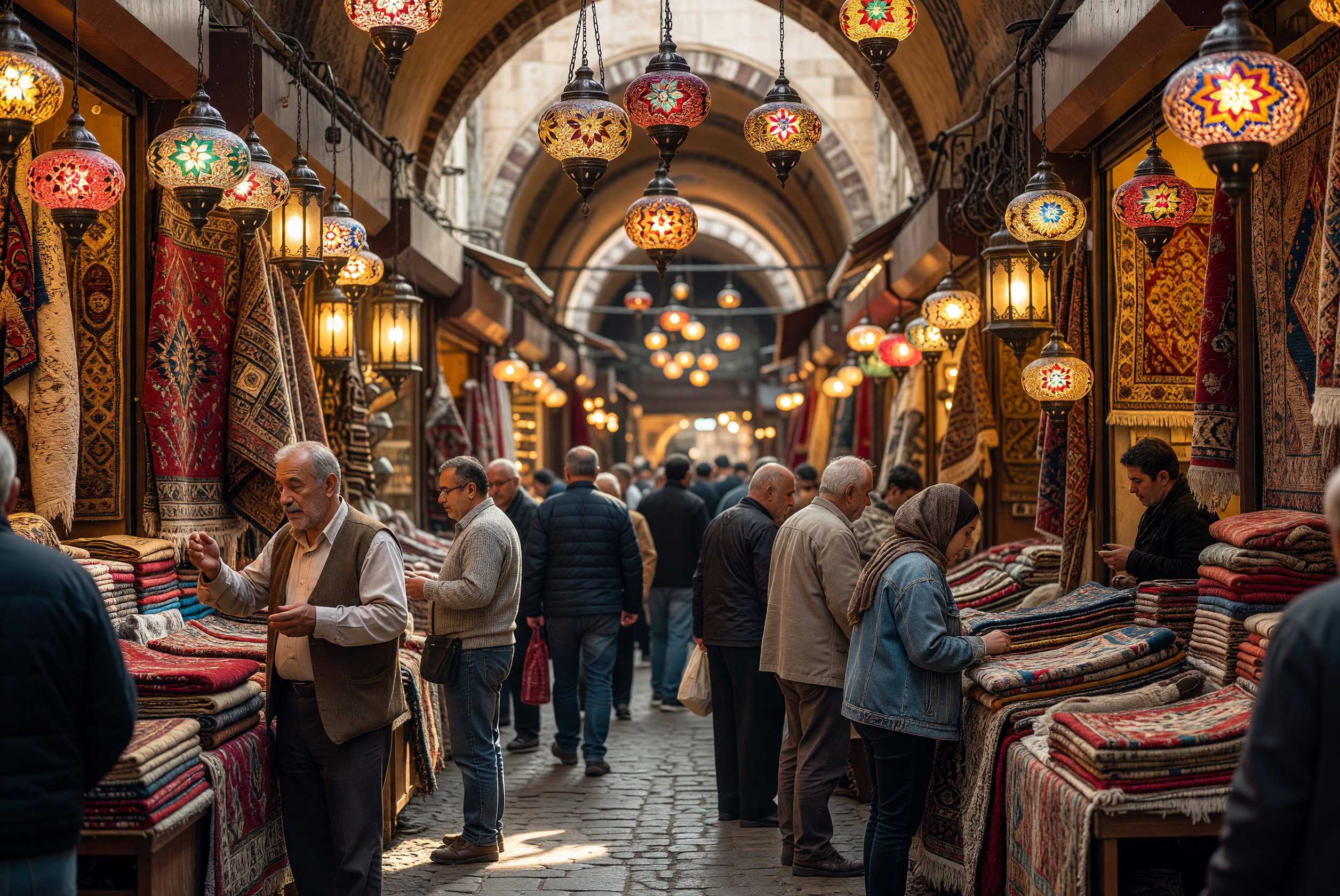 Bustling Grand Bazaar with Colorful Lanterns and Carpets