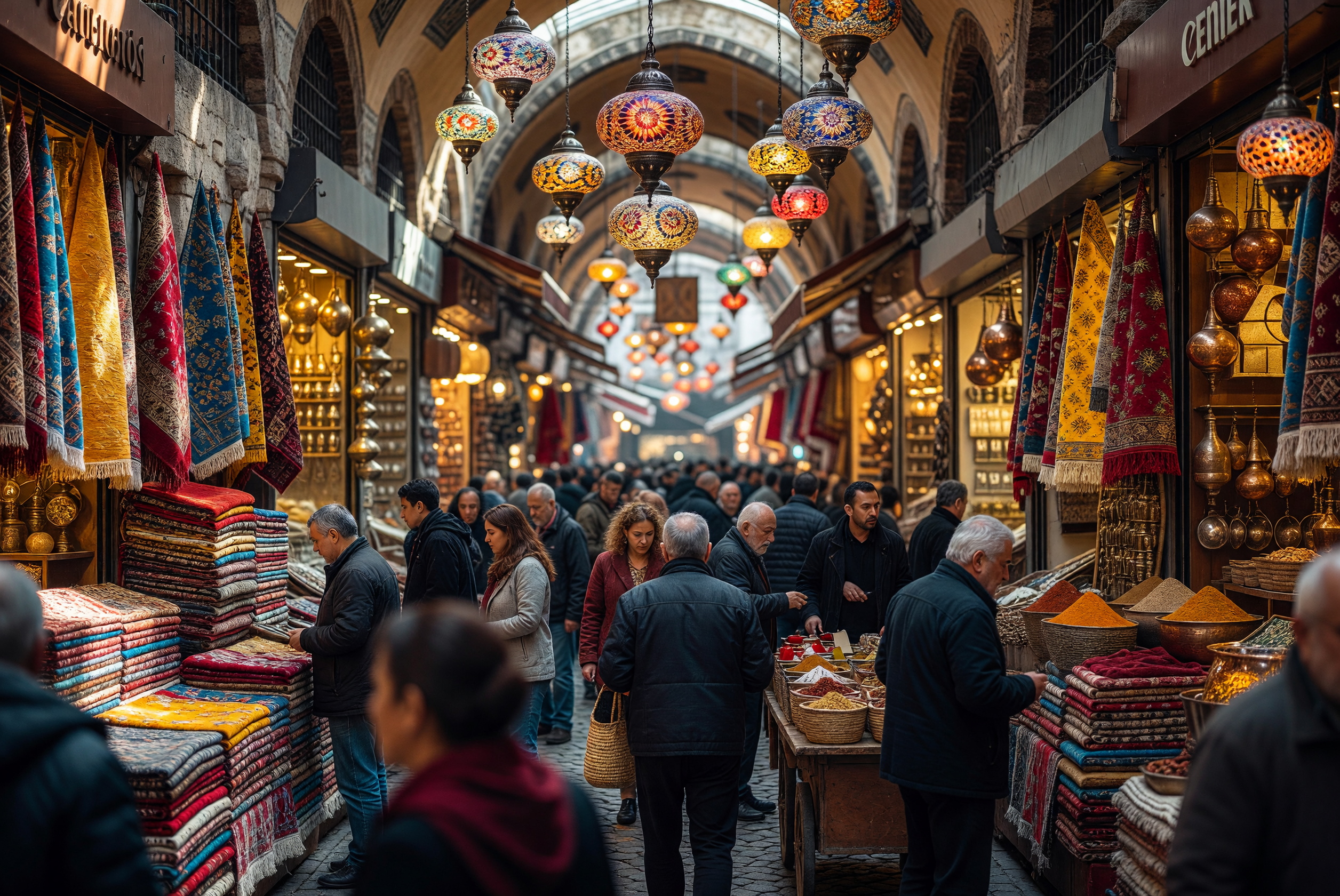 Bustling Grand Bazaar with Colorful Lanterns and Carpets