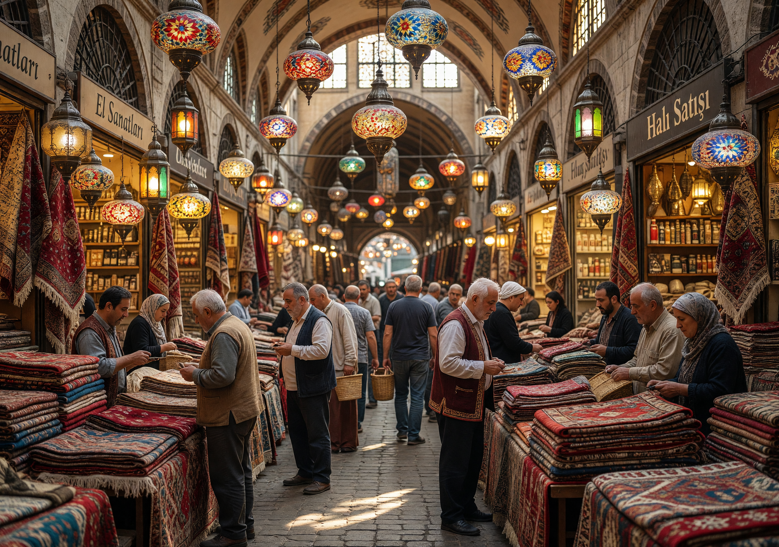 Bustling Grand Bazaar with Colorful Lanterns and Carpets