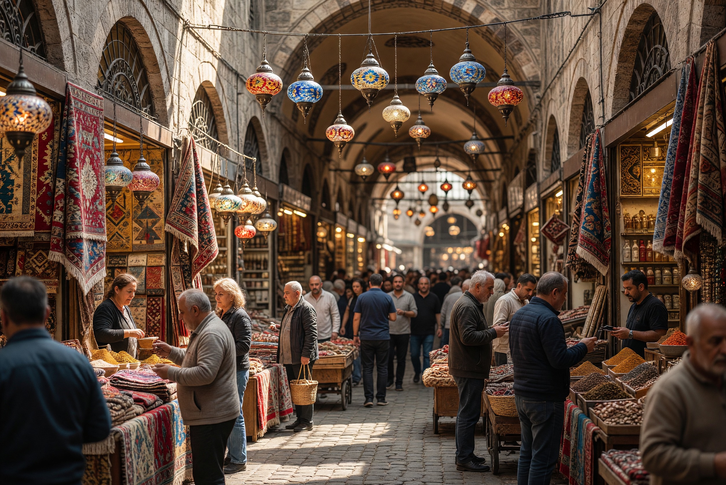 Bustling Grand Bazaar with Colorful Lanterns and Carpets