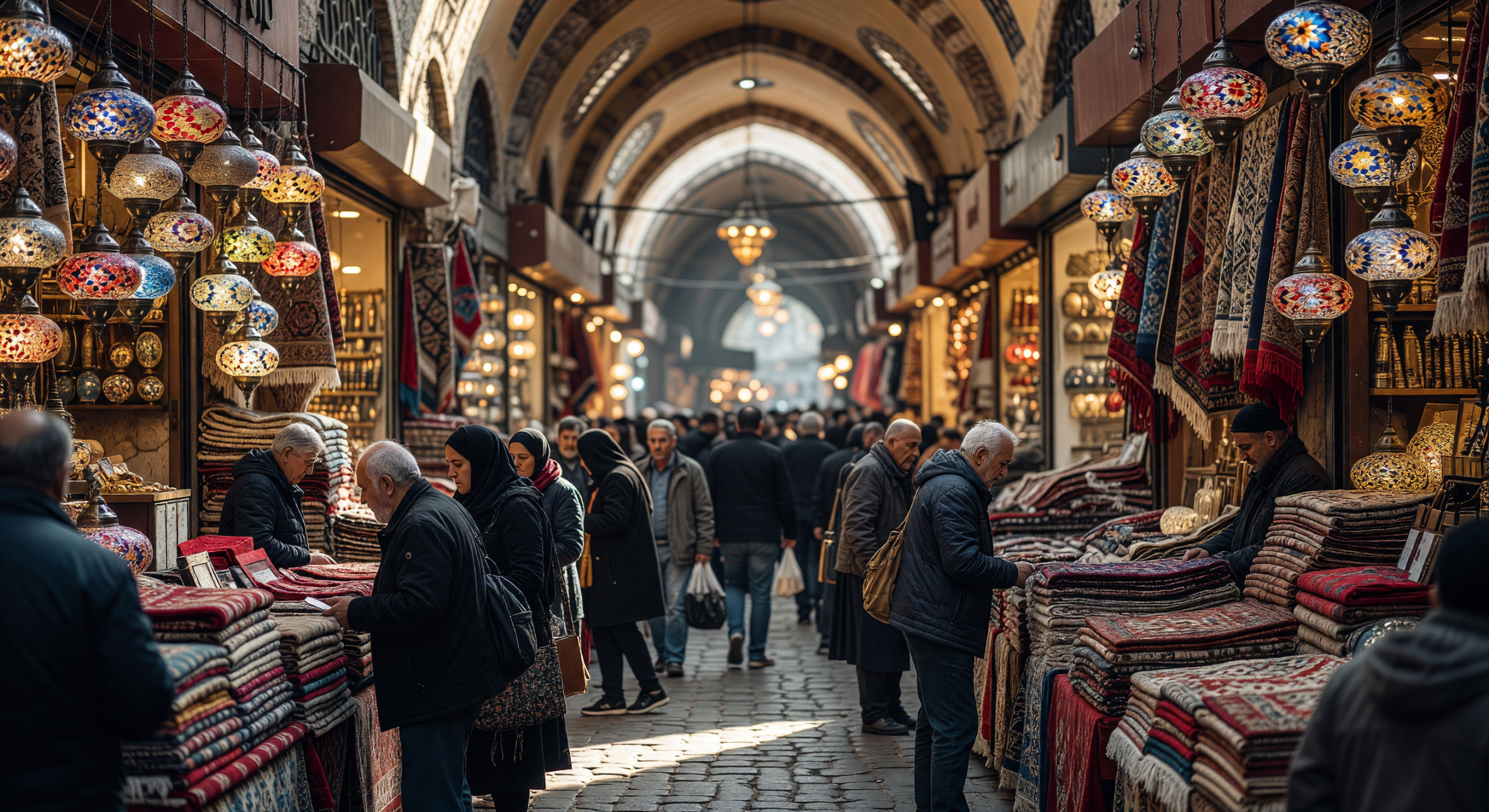 Bustling Grand Bazaar with Colorful Lanterns and Carpets