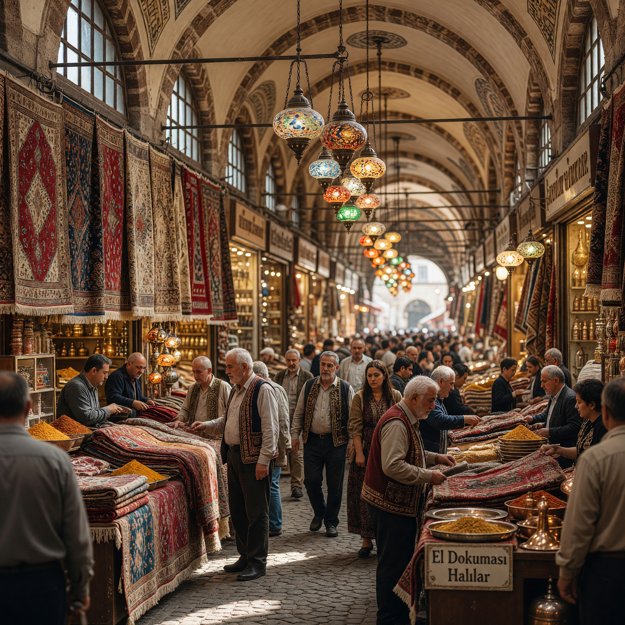 Bustling Grand Bazaar with Handwoven Rugs and Lanterns