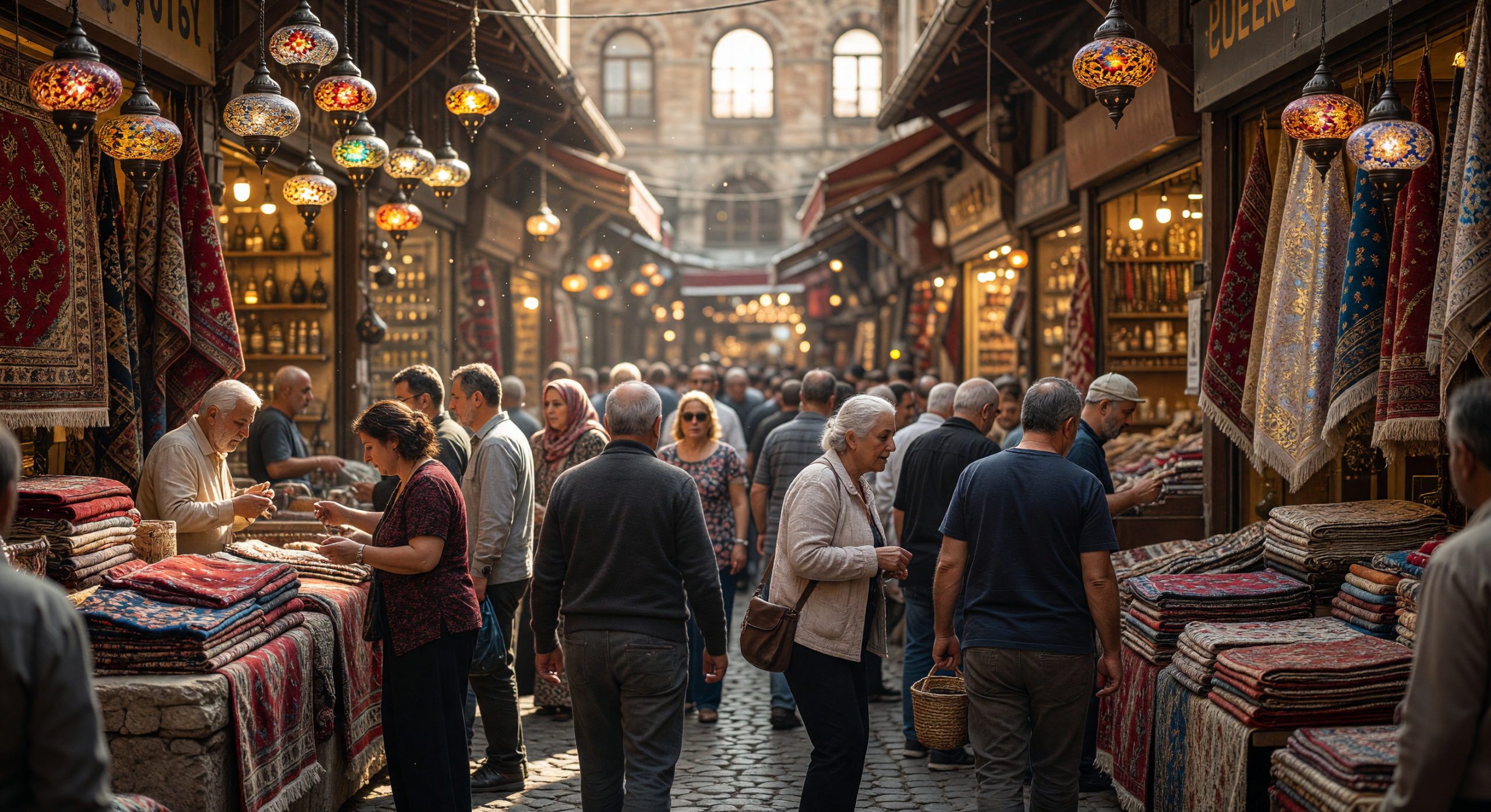 Bustling Grand Bazaar with Traditional Carpets and Lanterns