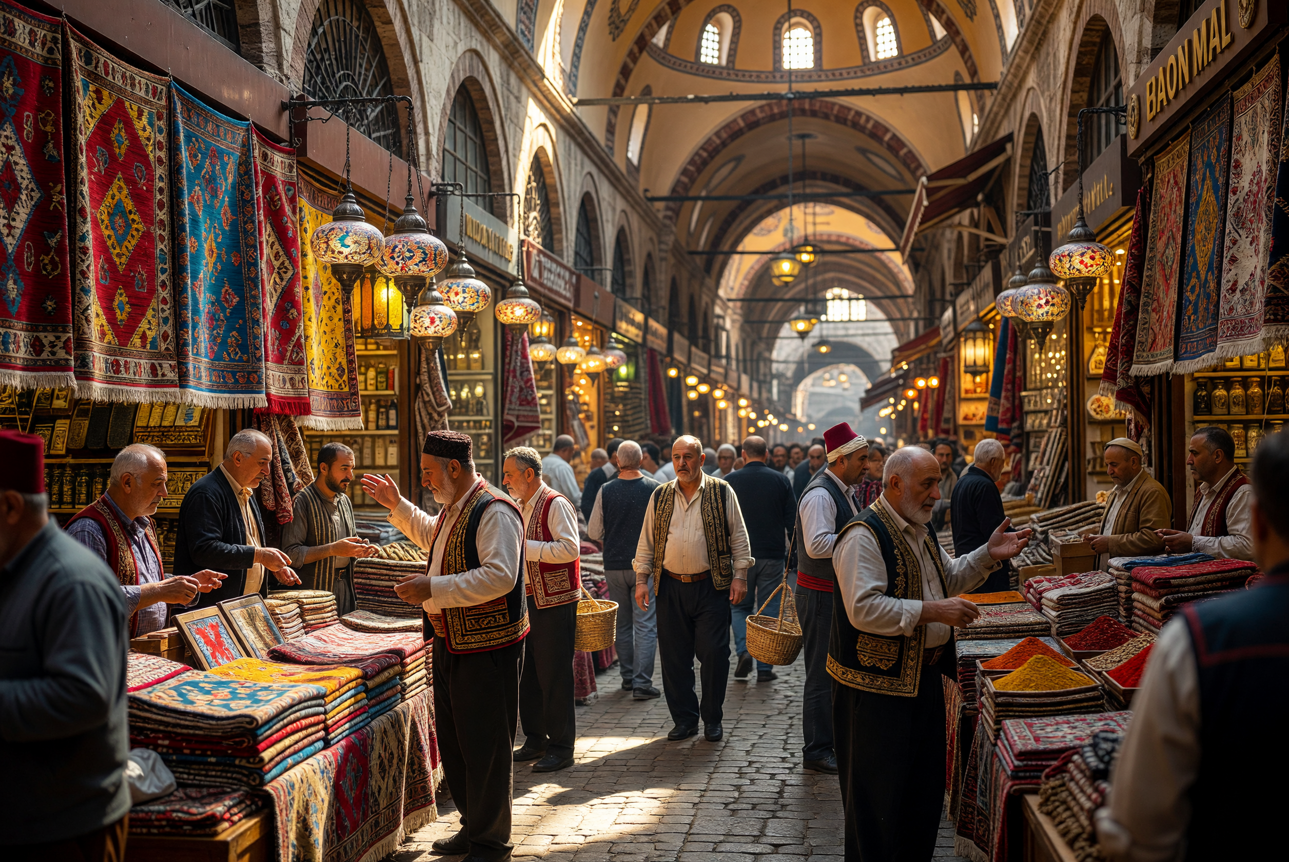 Bustling Grand Bazaar with Traditional Lanterns and Carpets