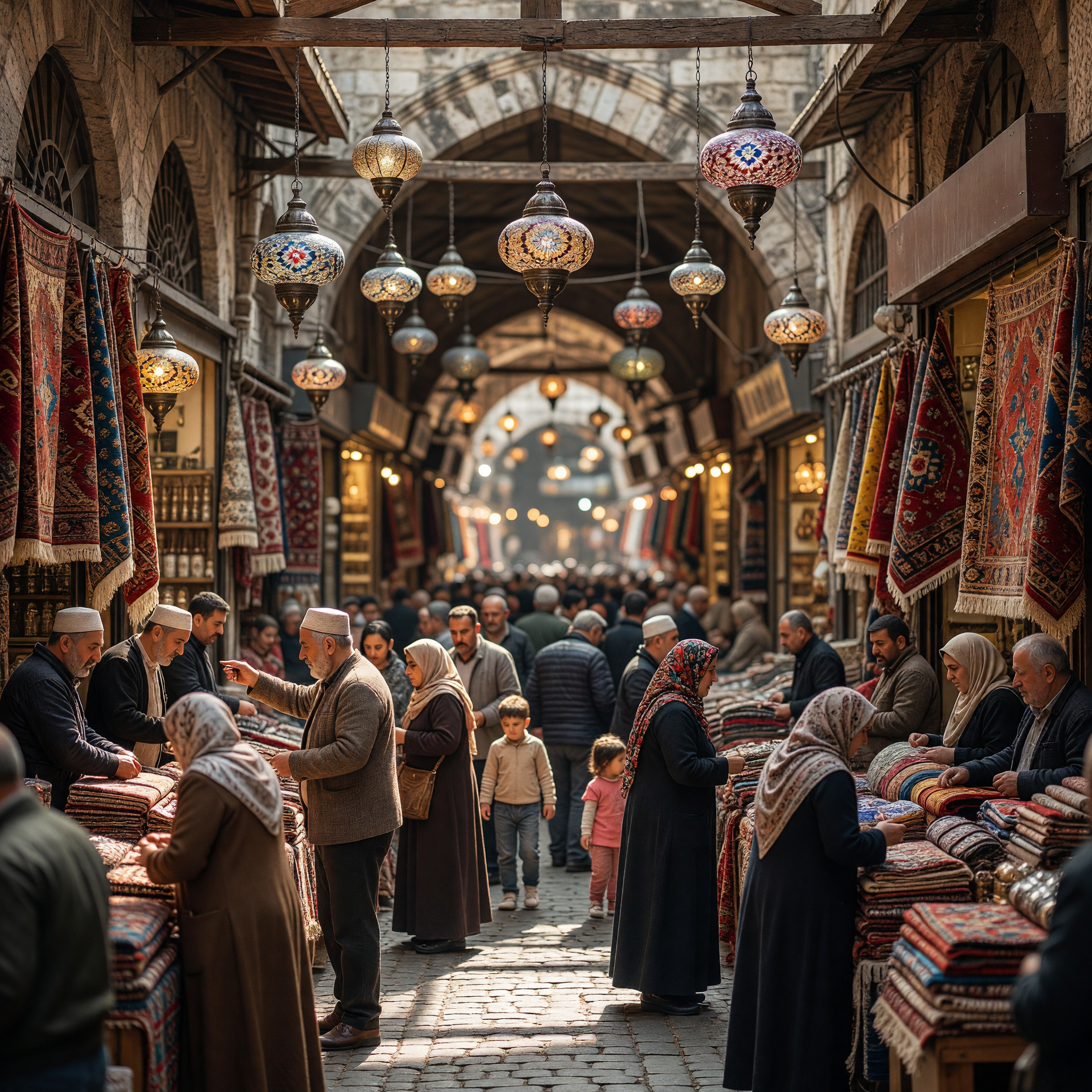 Bustling Grand Bazaar with Traditional Lanterns and Carpets