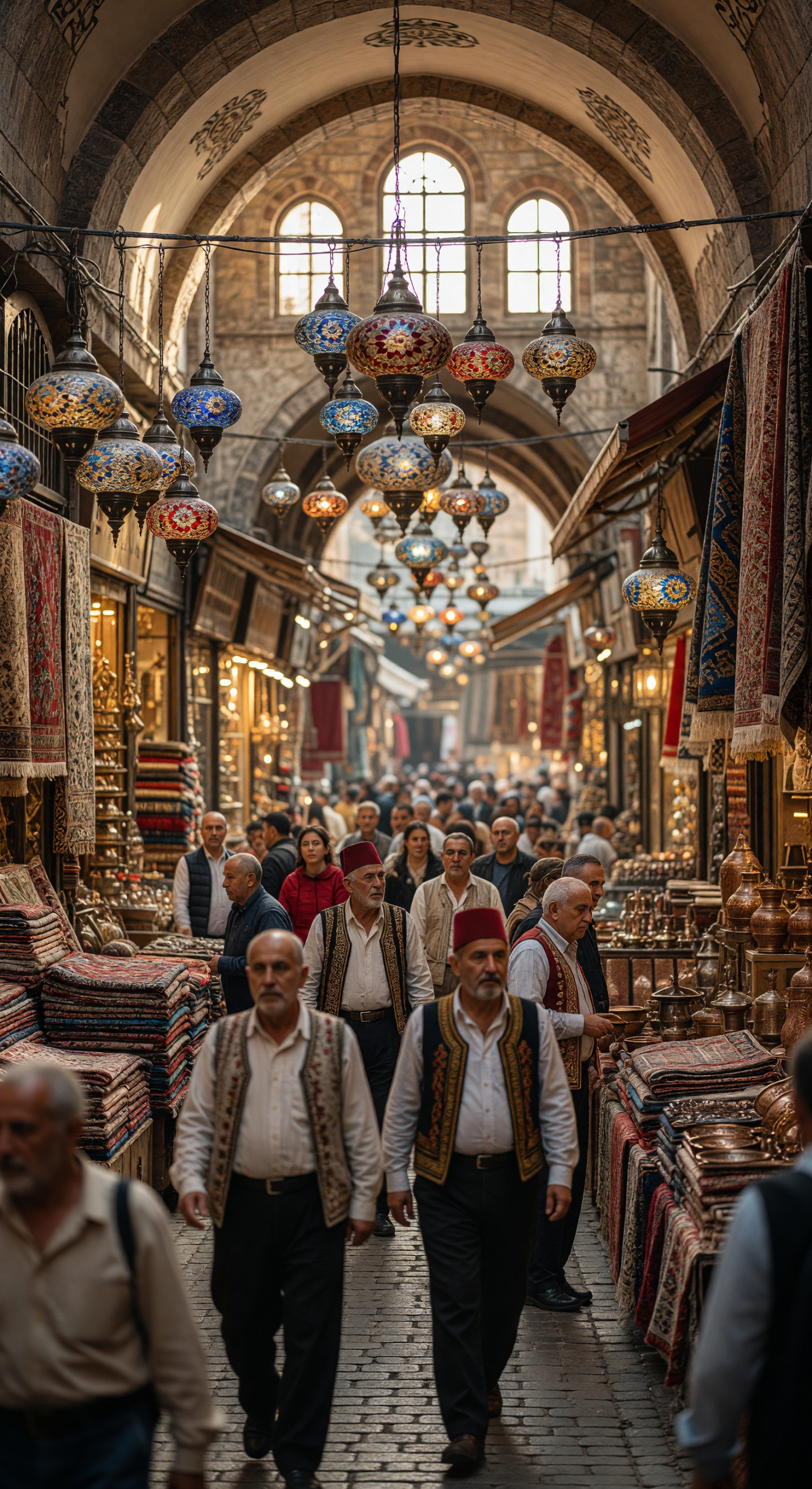 Bustling Grand Bazaar with Traditional Lanterns and Carpets