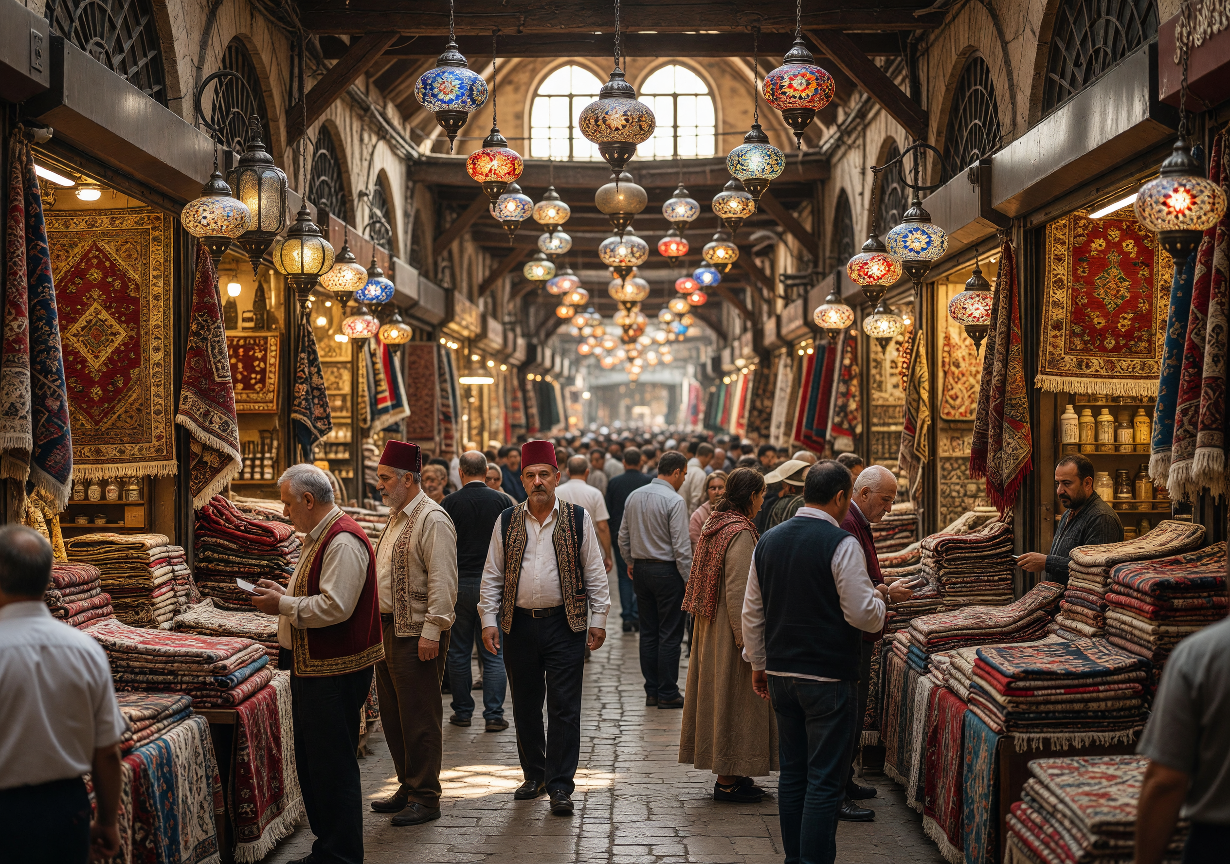 Bustling Grand Bazaar with Traditional Lanterns and Carpets