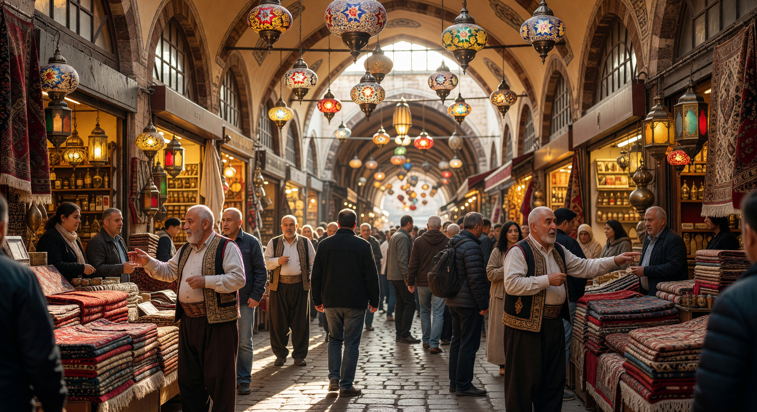 Bustling Grand Bazaar with Traditional Lanterns and Carpets