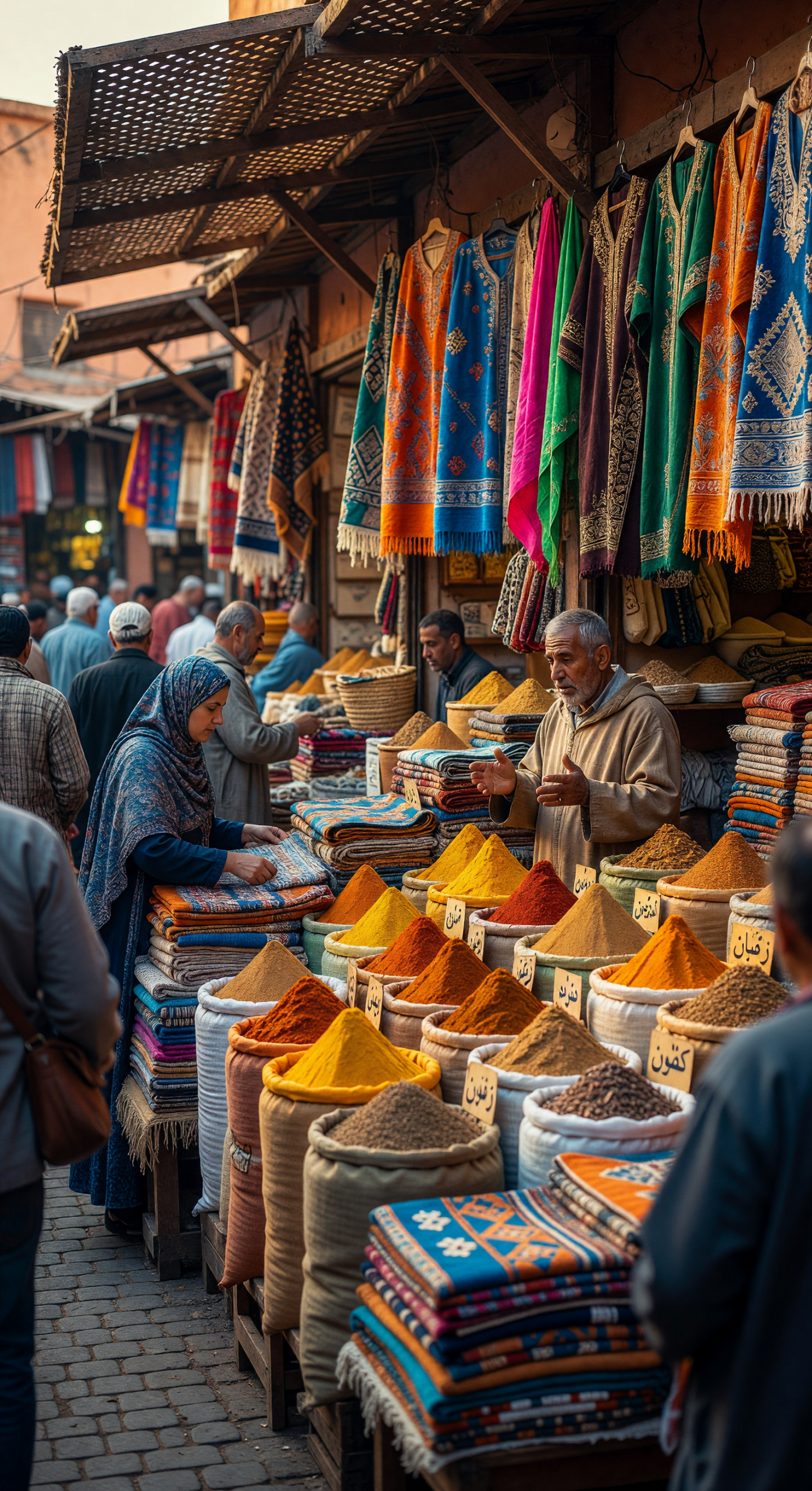 Bustling Moroccan Spice Souk with Colorful Textiles