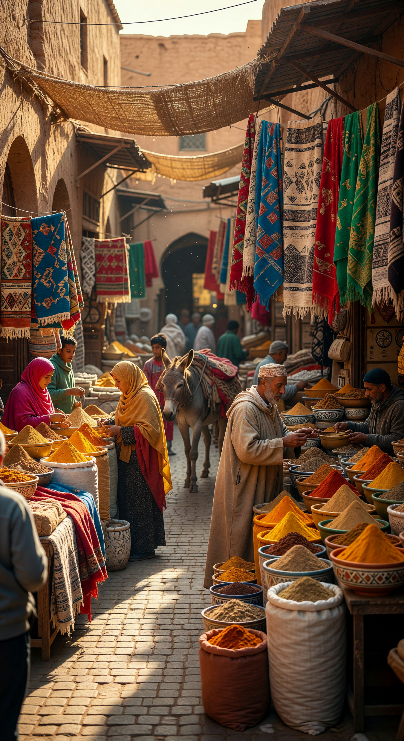 Bustling Moroccan Spice Souk with Colorful Textiles