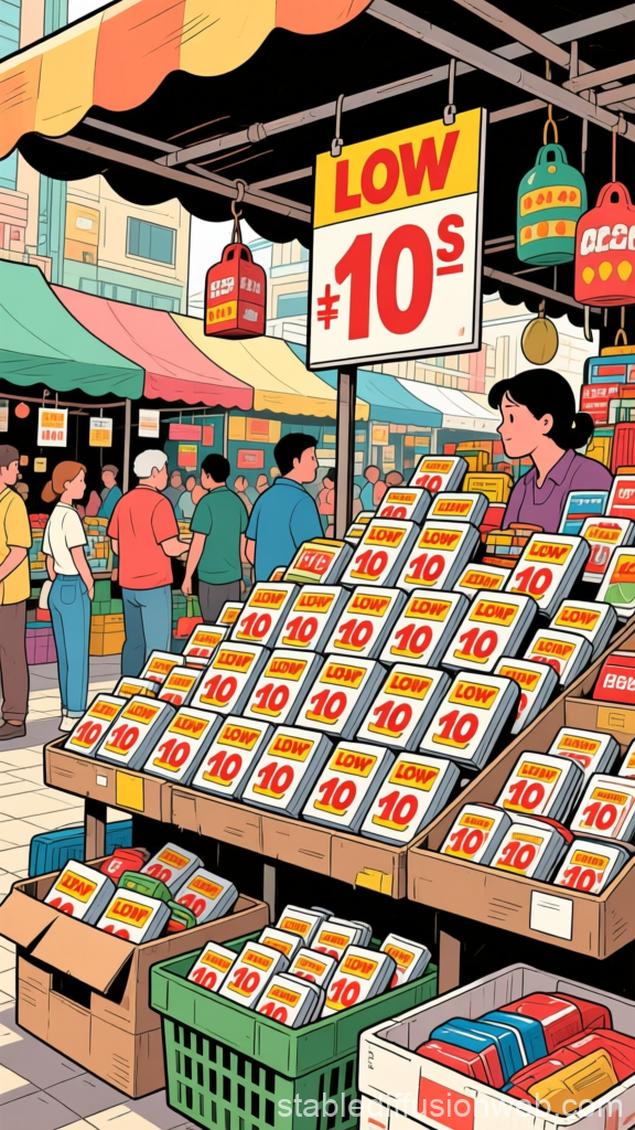 Busy Market Stall Selling Low-Priced Goods