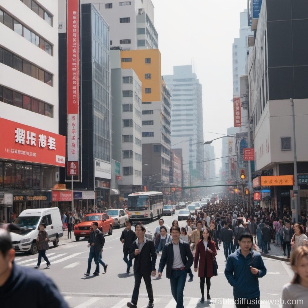 Busy Urban Street Scene with Crowds and Traffic