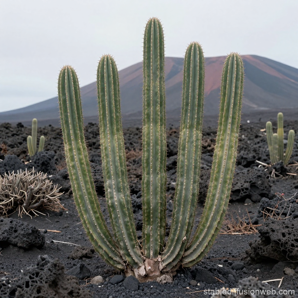 Cactus Growing on Volcanic Terrain with Mountain Background