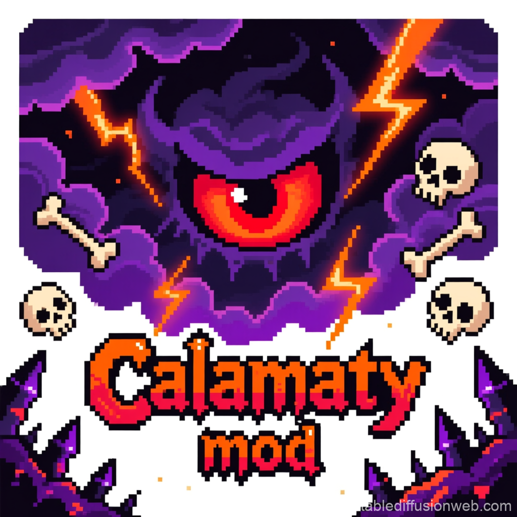 Calamity Mod Pixel Art Logo with Dark Eye and Lightning