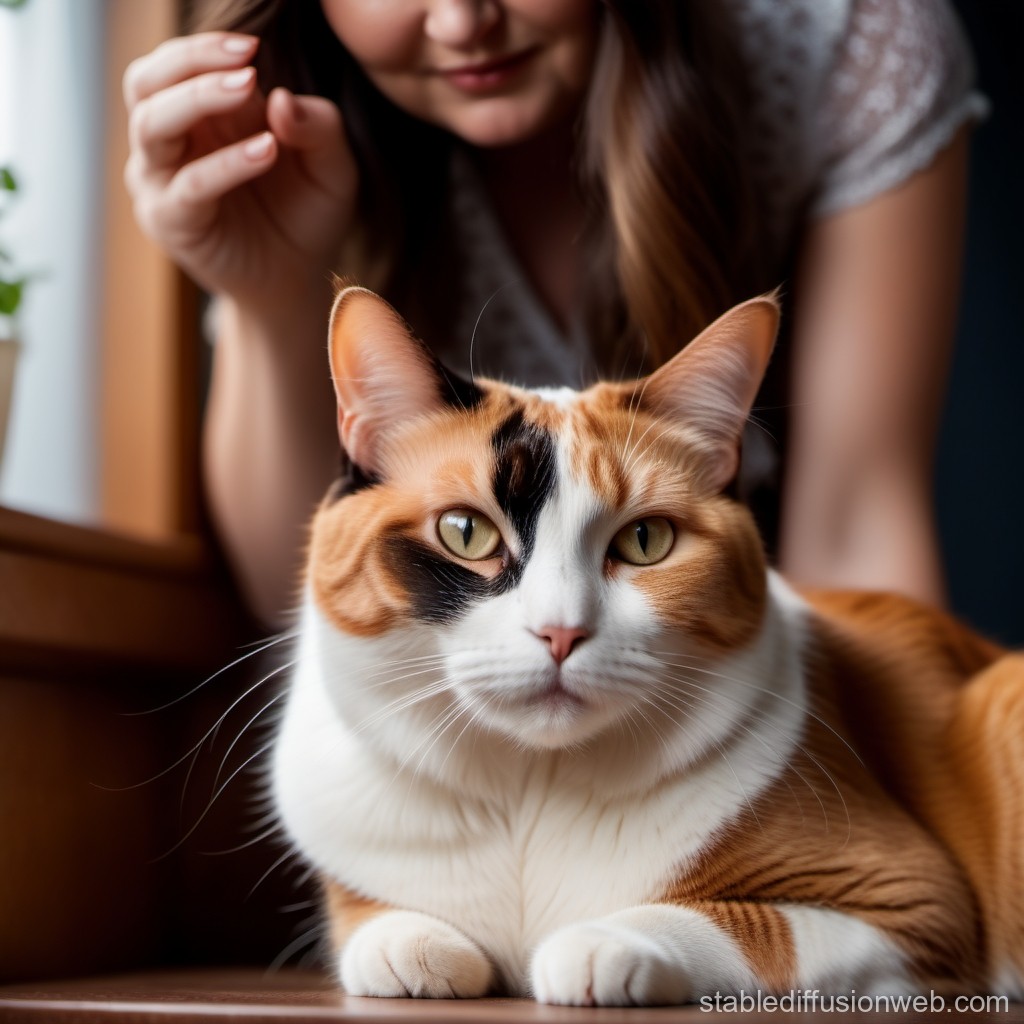 Calico Cat Relaxing Indoors with Woman in Background