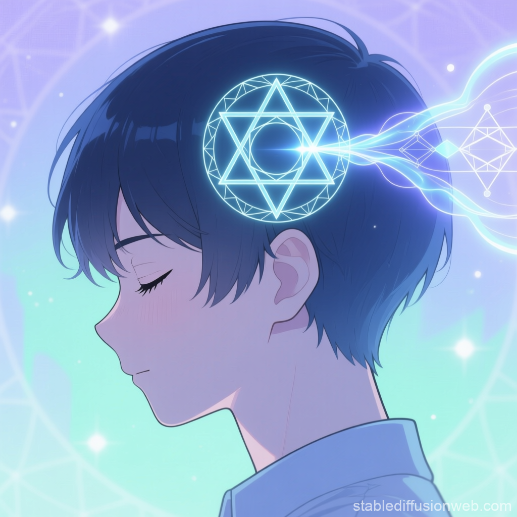 Calm Anime Boy with Mystical Geometric Aura
