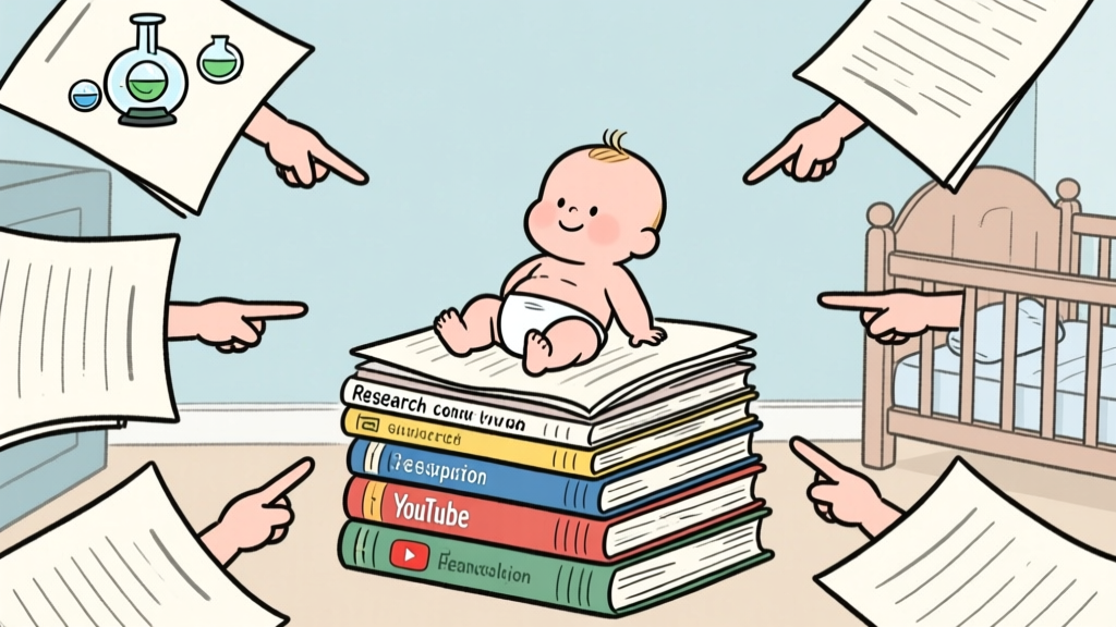 Calm Baby Sitting on Stack of Research Books Pointed by Hands