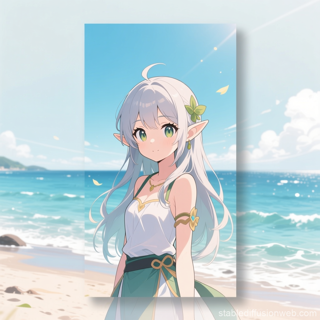 Calm Elf Girl by the Ocean in Anime Style