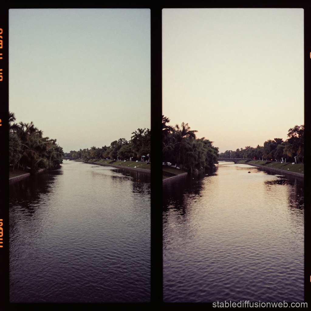 Calm River at Dusk with Tree-Lined Banks